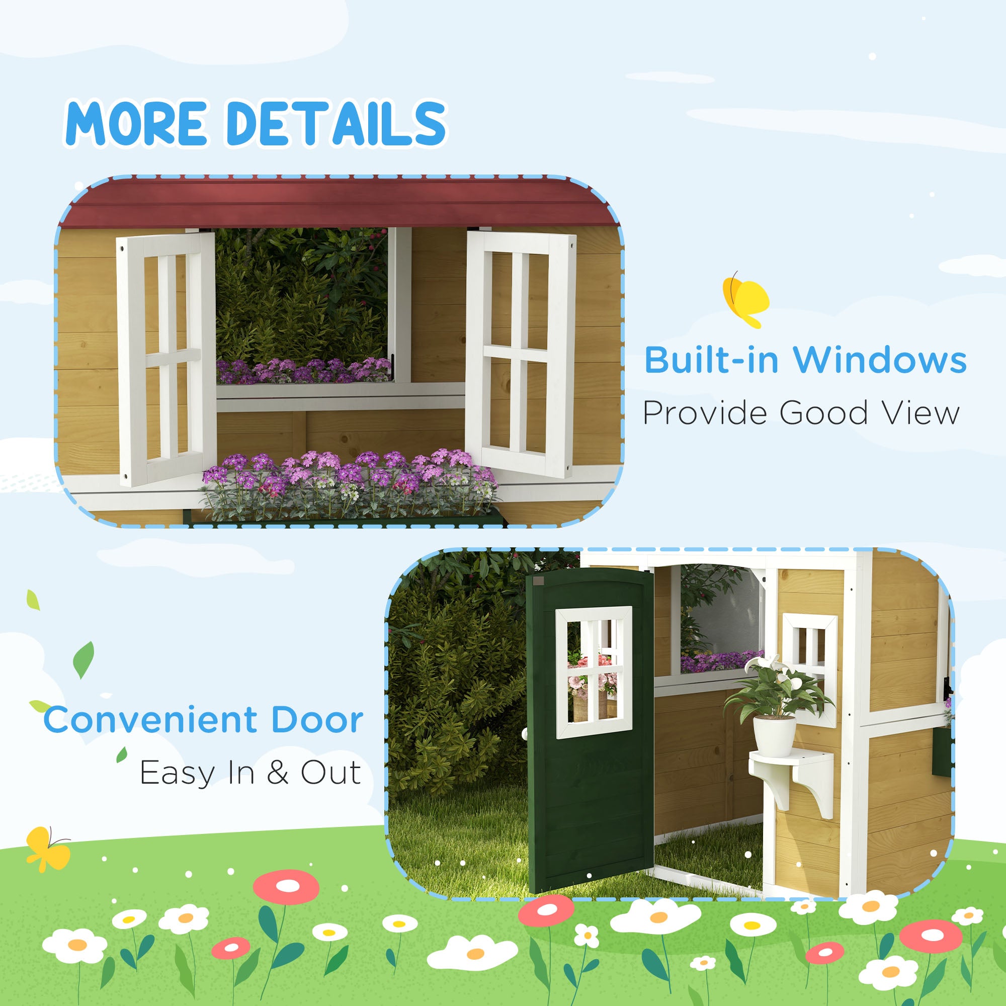 Outsunny Wooden Kids Playhouse with Doors, Windows & Plant Pots - Beige