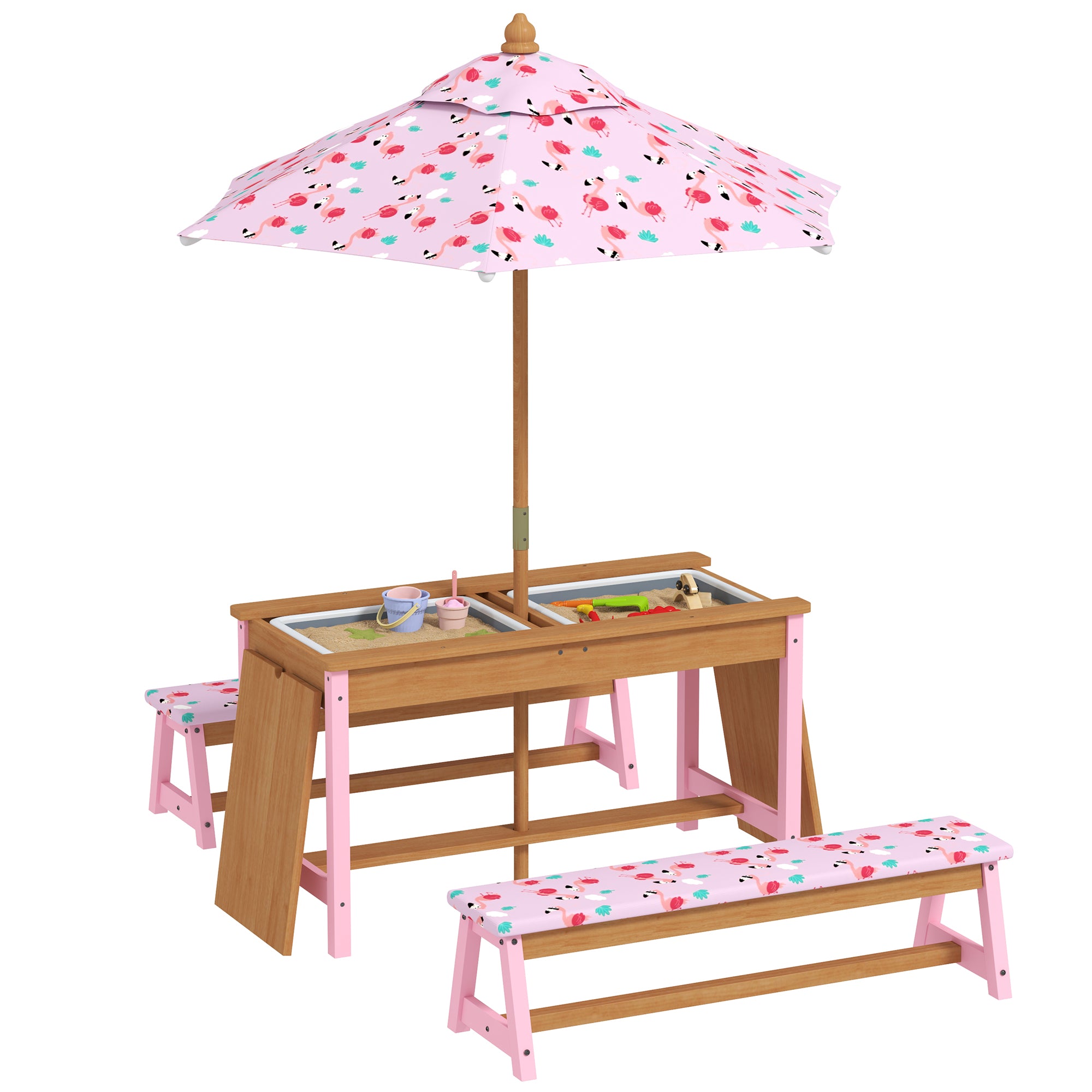 AIYAPLAY Kids Wooden Picnic Table & Bench Set with Umbrella, Pink