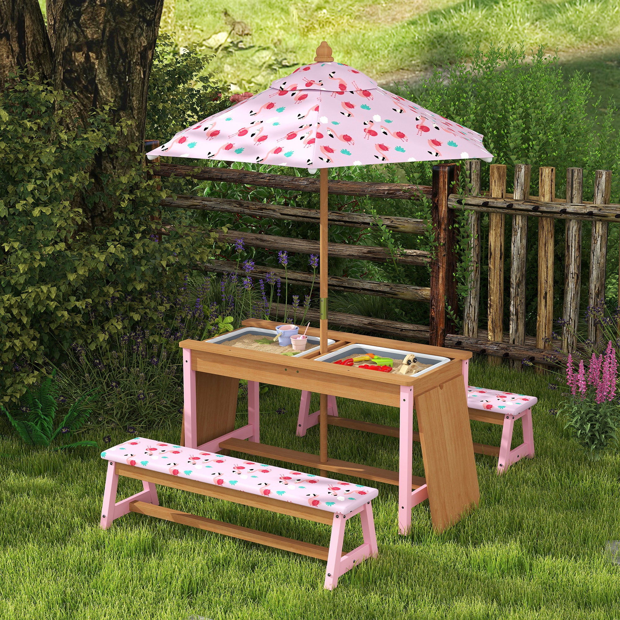 AIYAPLAY Kids Wooden Picnic Table & Bench Set with Umbrella, Pink