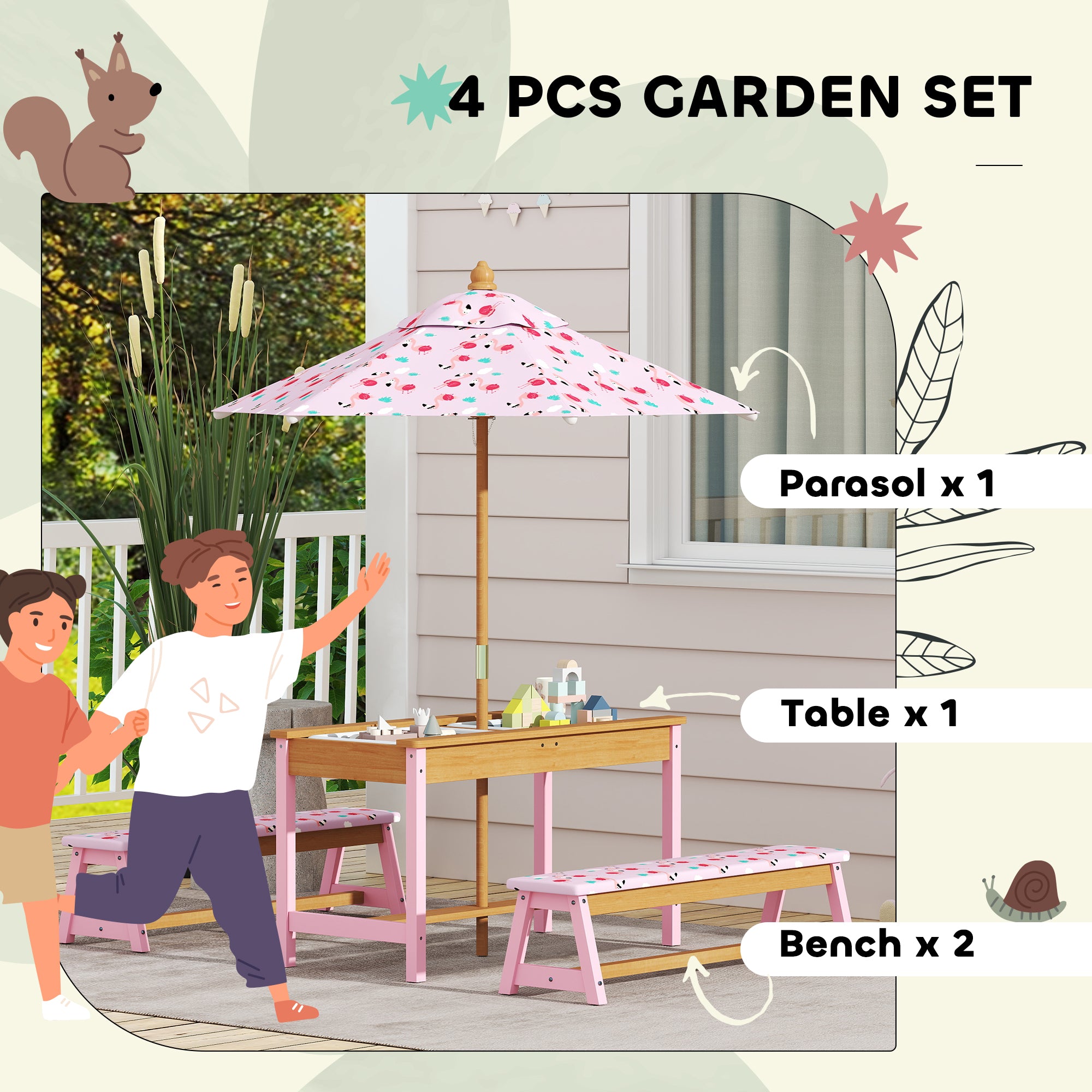 AIYAPLAY Kids Wooden Picnic Table & Bench Set with Umbrella, Pink