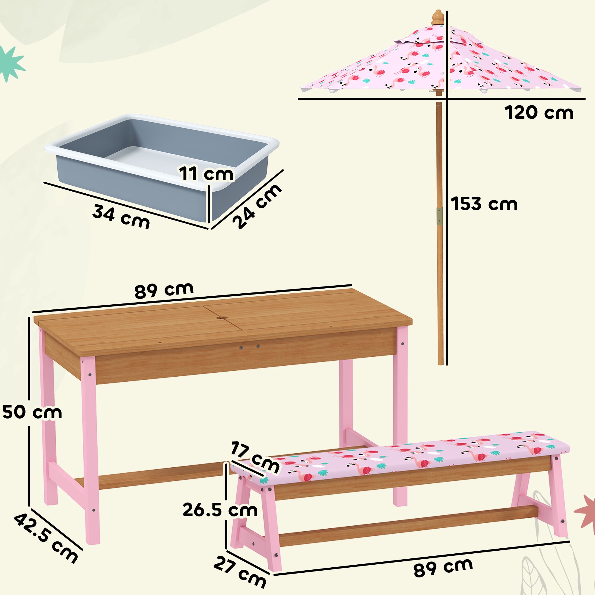 AIYAPLAY Kids Wooden Picnic Table & Bench Set with Umbrella, Pink