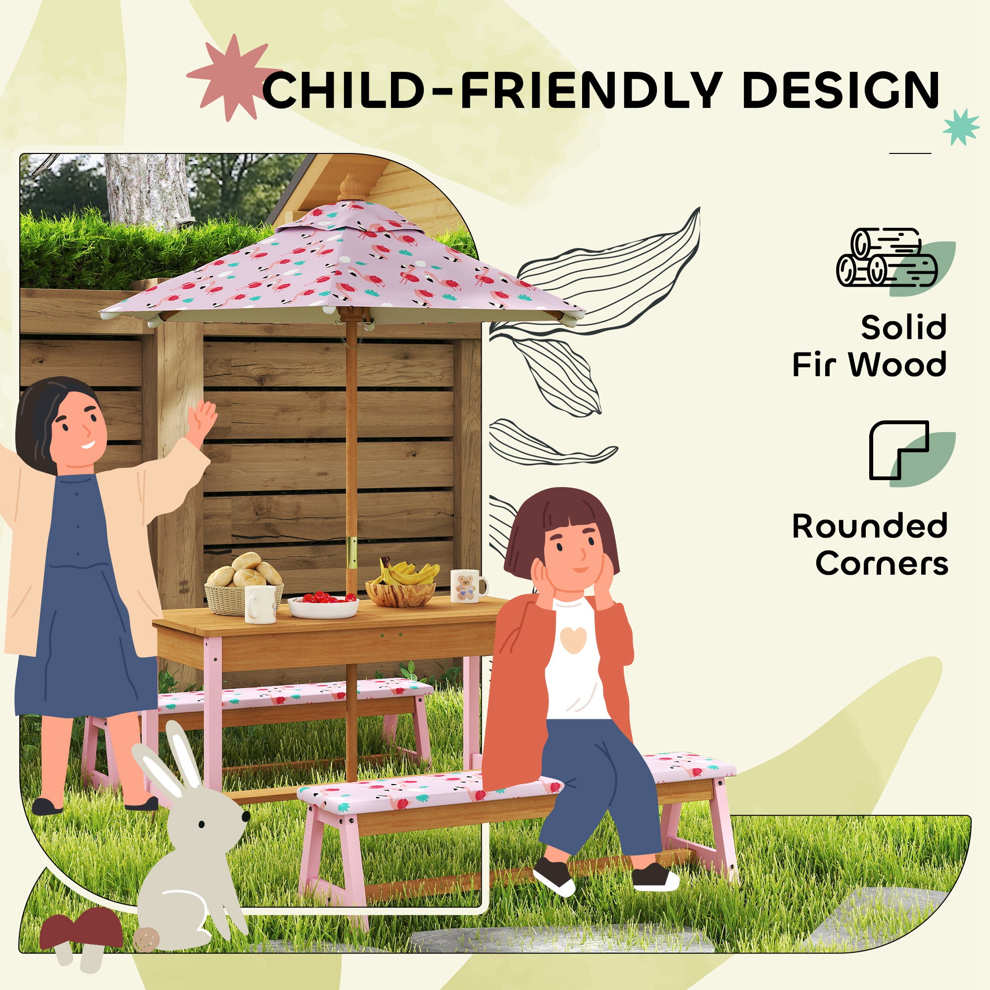 AIYAPLAY Kids Wooden Picnic Table & Bench Set with Umbrella, Pink