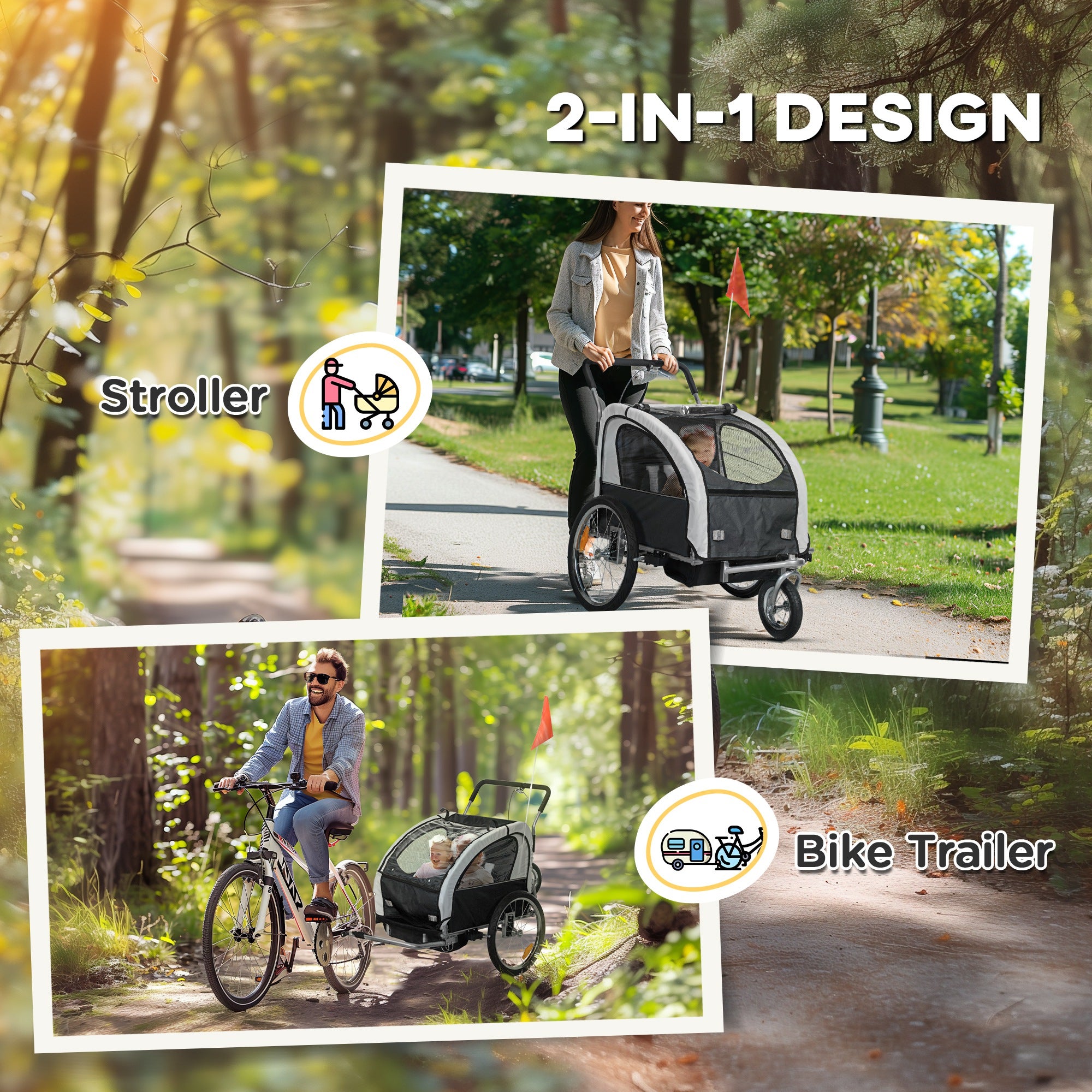 HOMCOM 2-Seater Kids Bike Trailer, 5-Point Harness, Black