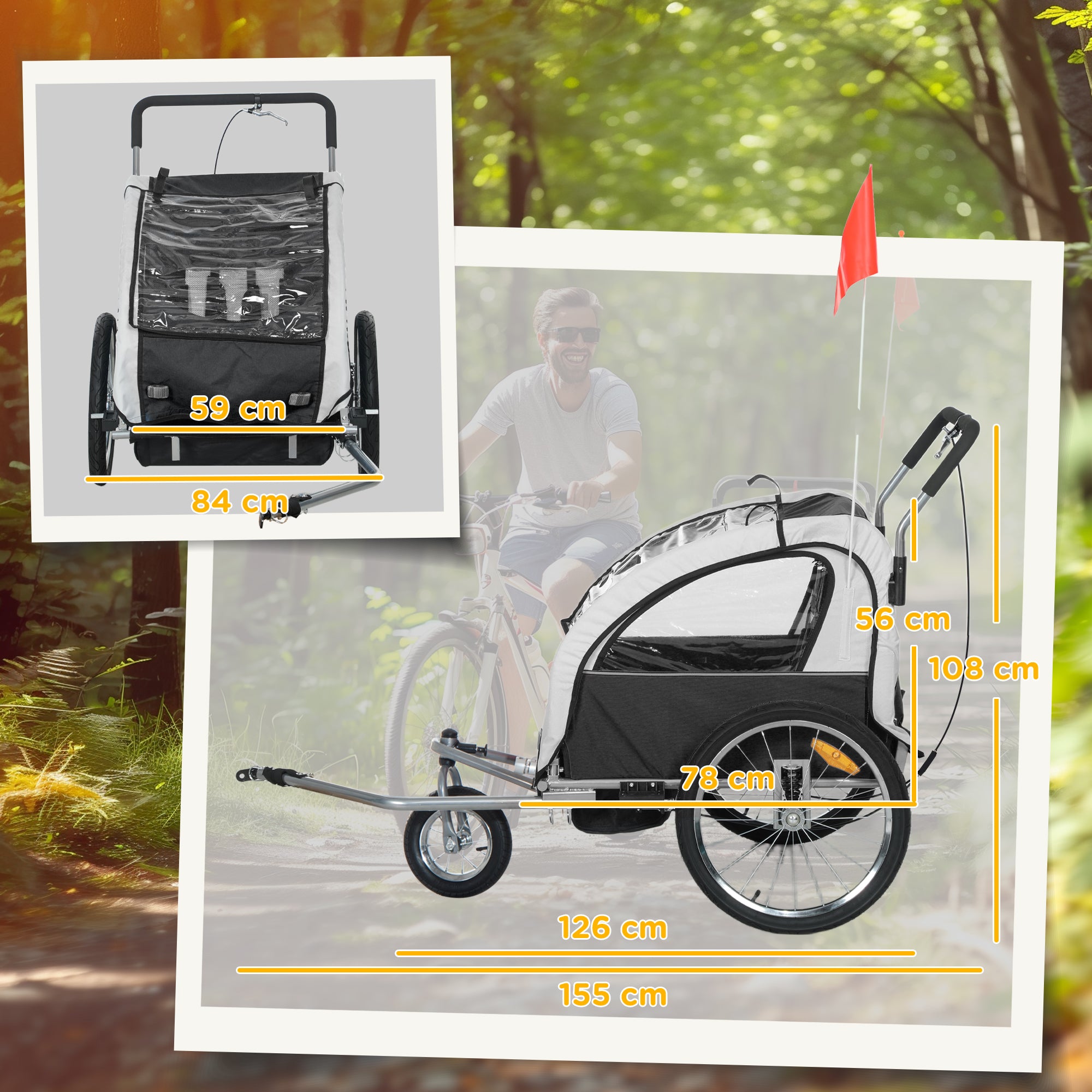 HOMCOM 2-Seater Kids Bike Trailer, 5-Point Harness, Black