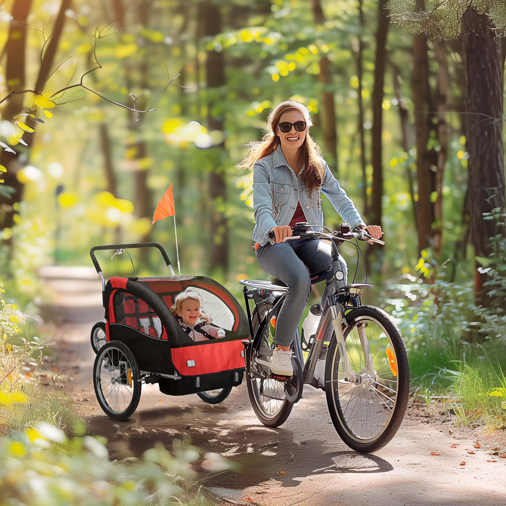 HOMCOM 2-Seater Kids Bike Trailer with 5-Point Harness, Red