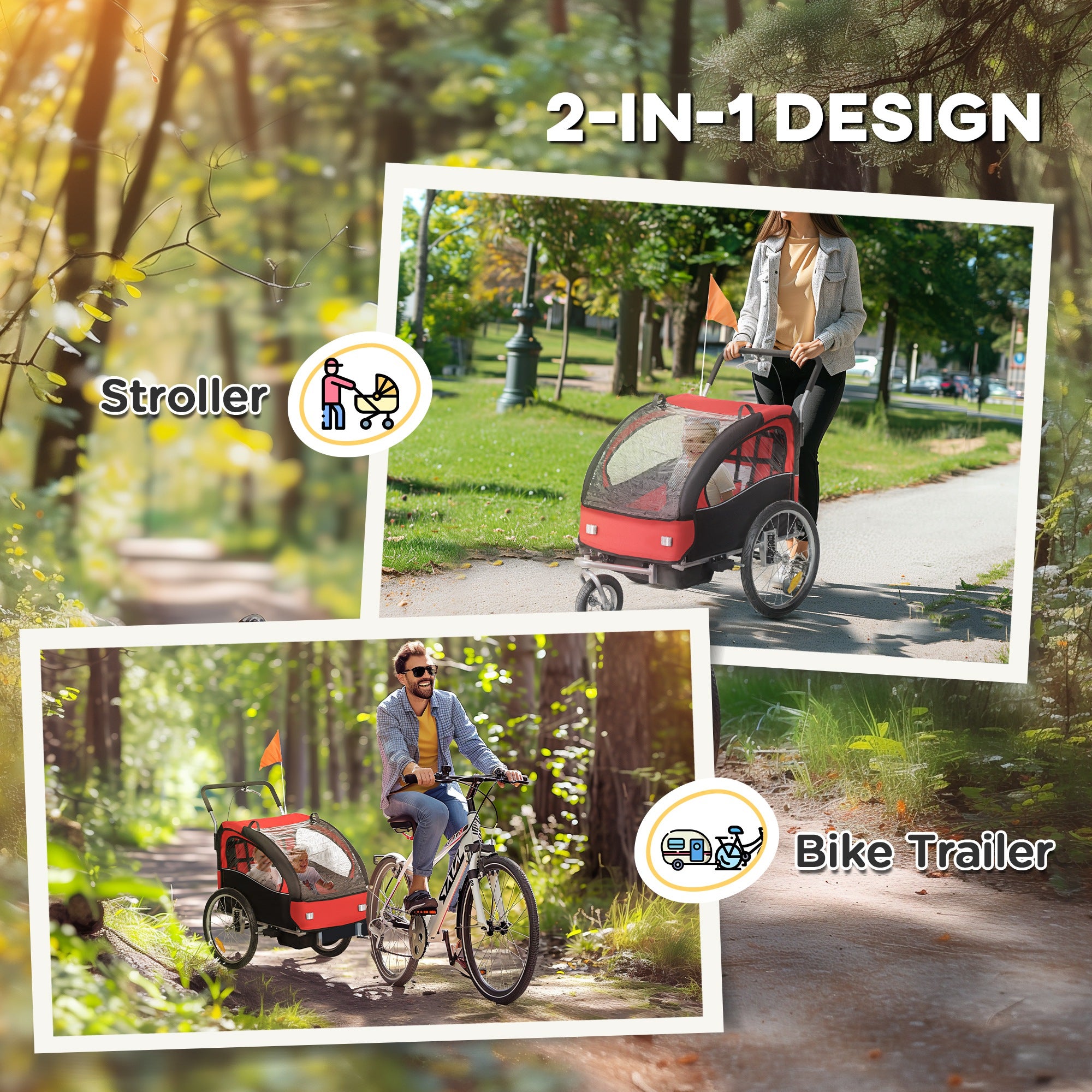 HOMCOM 2-Seater Kids Bike Trailer with 5-Point Harness, Red