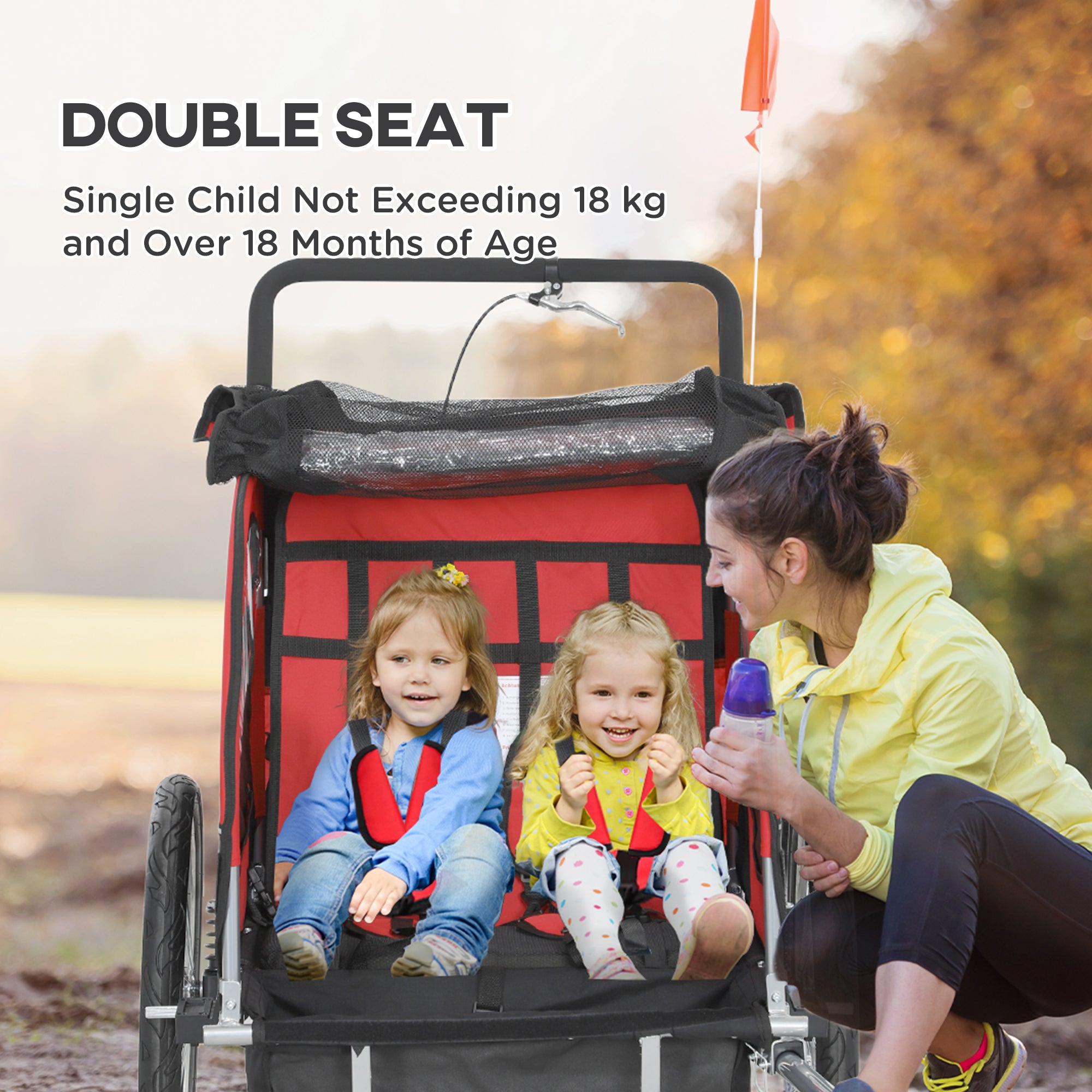HOMCOM 2-Seater Kids Bike Trailer with 5-Point Harness, Red