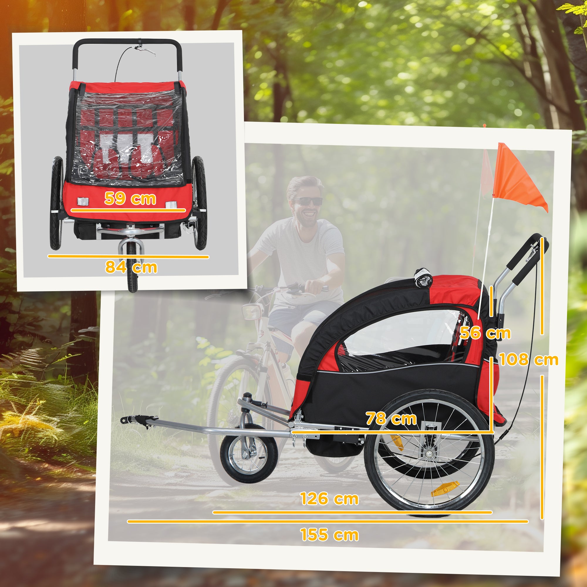 HOMCOM 2-Seater Kids Bike Trailer with 5-Point Harness, Red