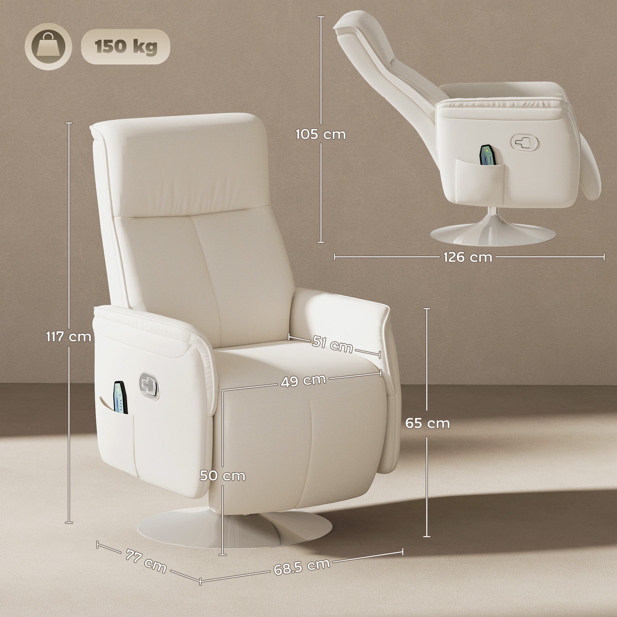 HOMCOM 10-Point Massage Reclining Chair with Footrest, Cream White