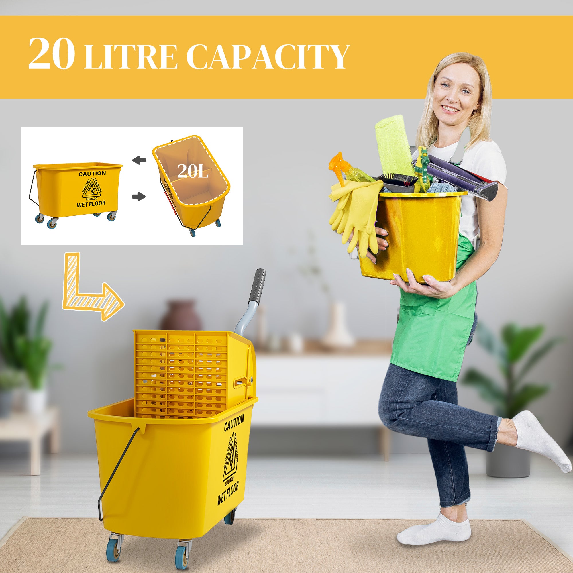 HOMCOM 20L Mop Bucket with Side Press Wringer, Wheels & Separator