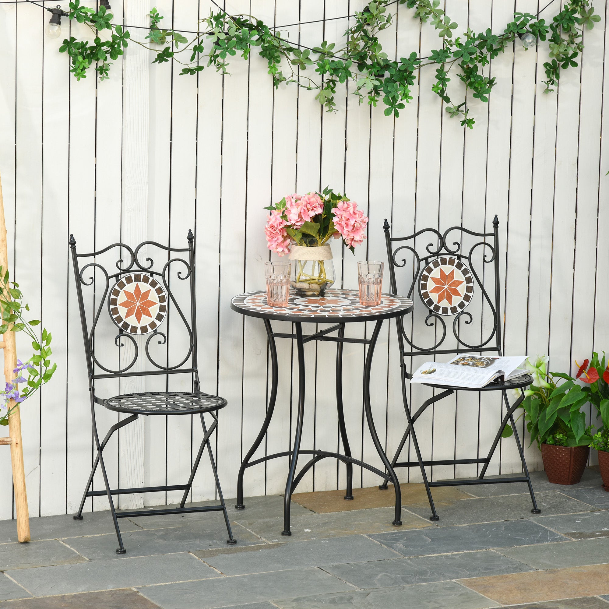 Outsunny 3-Piece Folding Mosaic Bistro Set for Patio and Garden