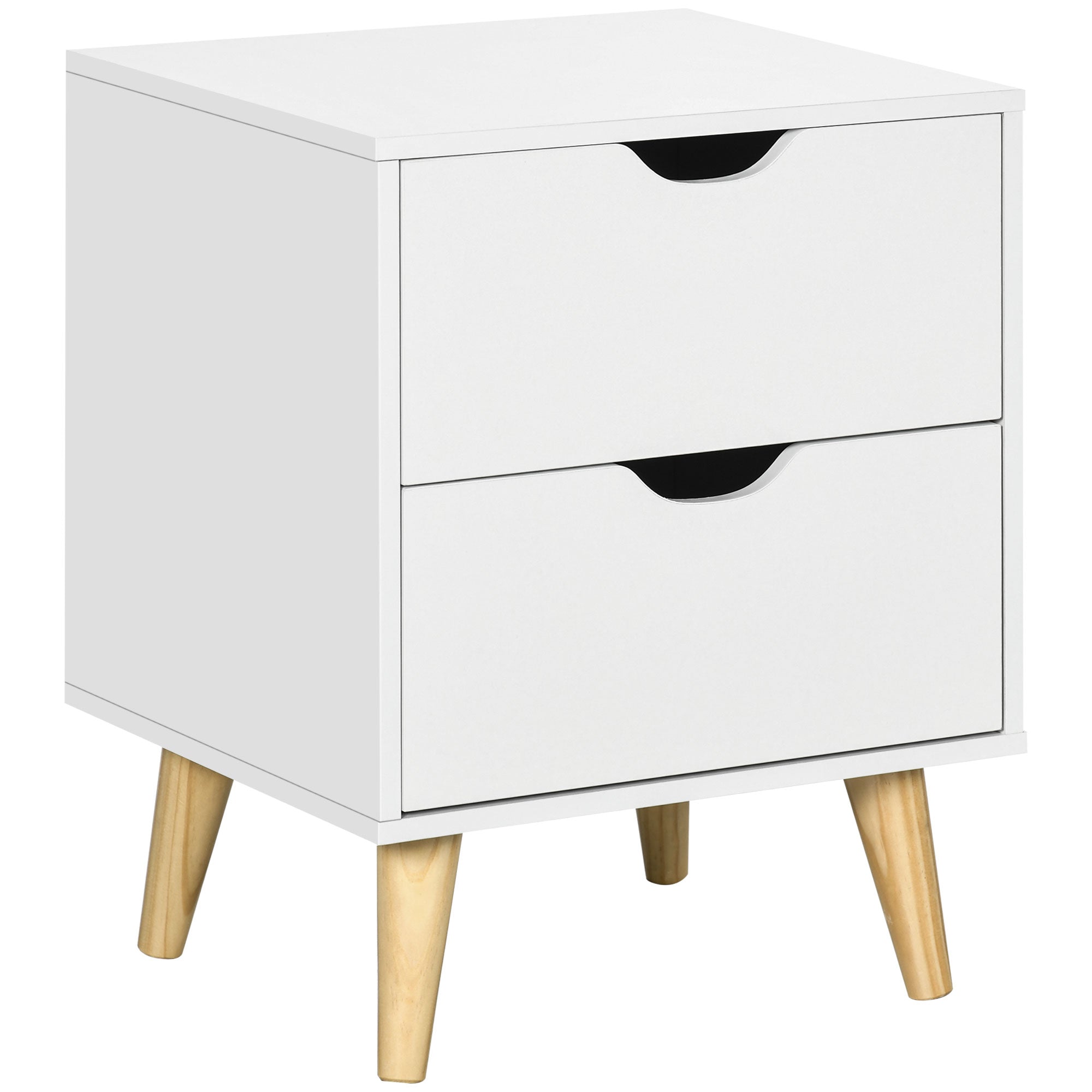 HOMCOM White Nightstand with 2 Drawers and Natural Pine Legs