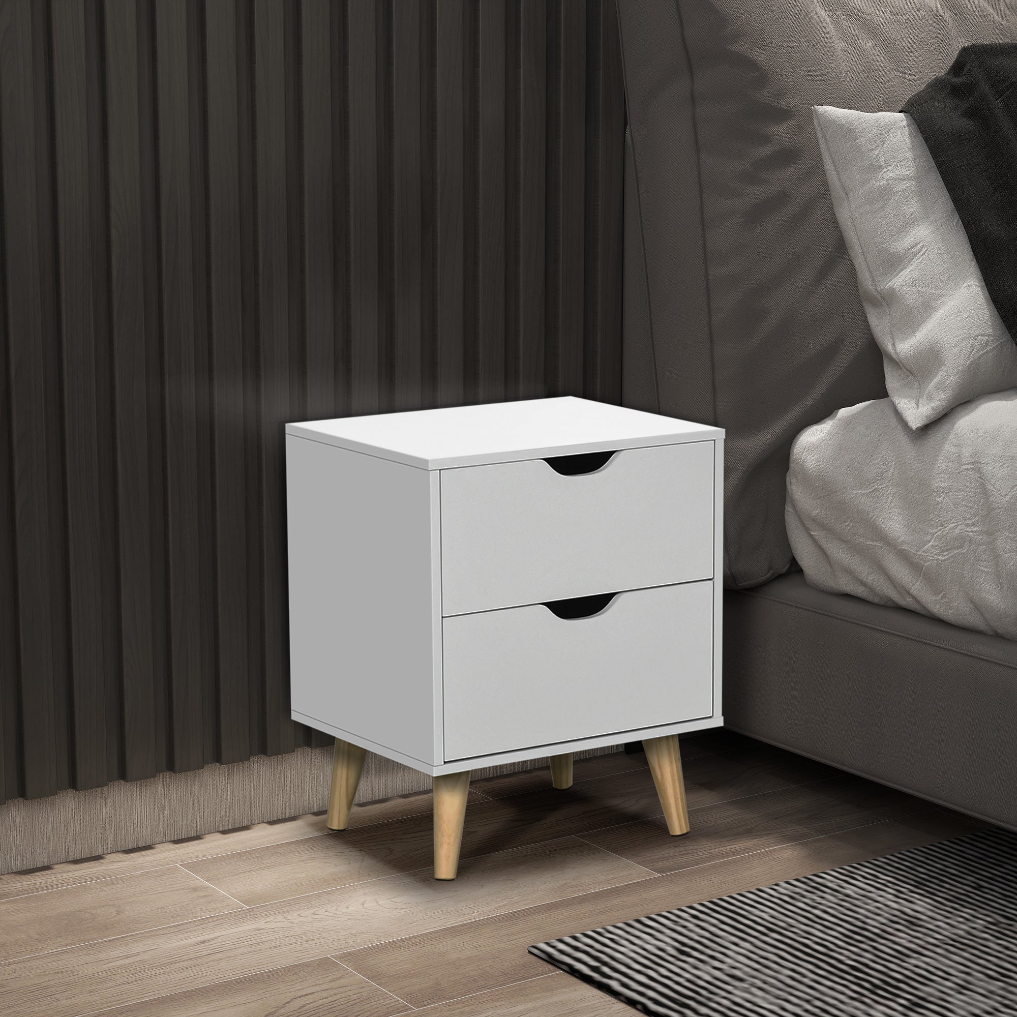 HOMCOM White Nightstand with 2 Drawers and Natural Pine Legs