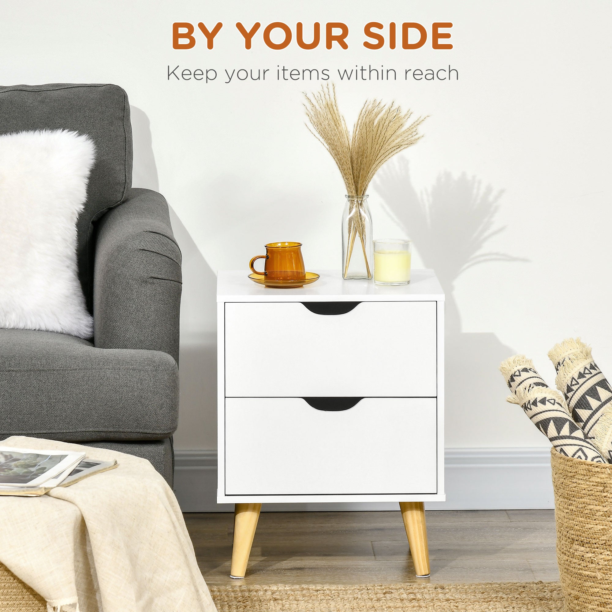 HOMCOM White Nightstand with 2 Drawers and Natural Pine Legs