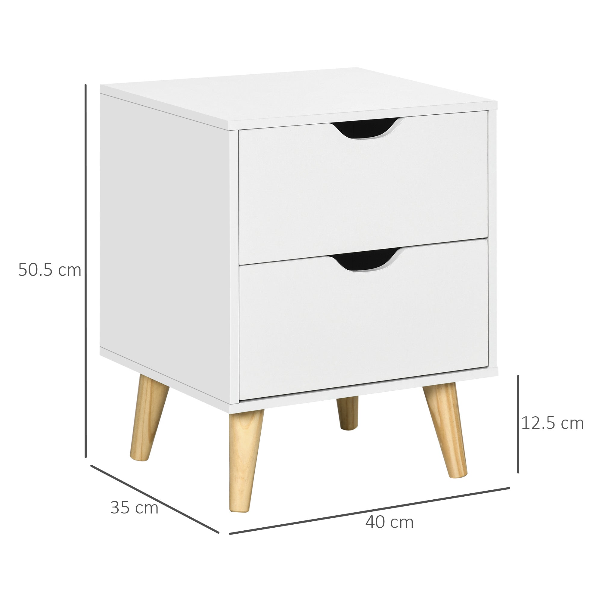 HOMCOM White Nightstand with 2 Drawers and Natural Pine Legs