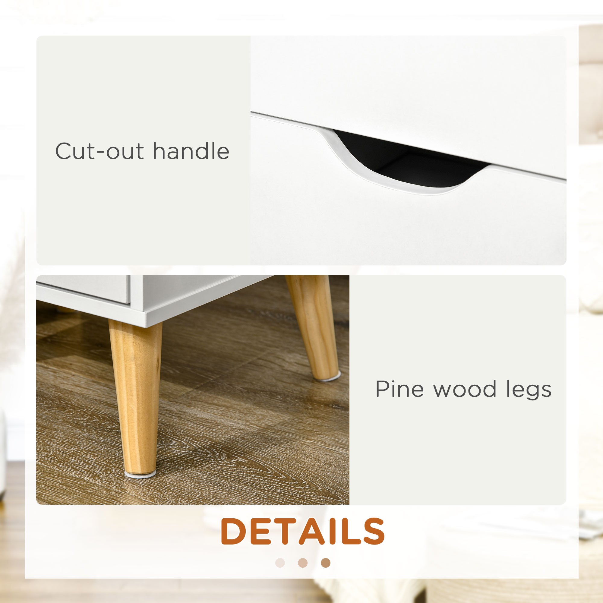 HOMCOM White Nightstand with 2 Drawers and Natural Pine Legs