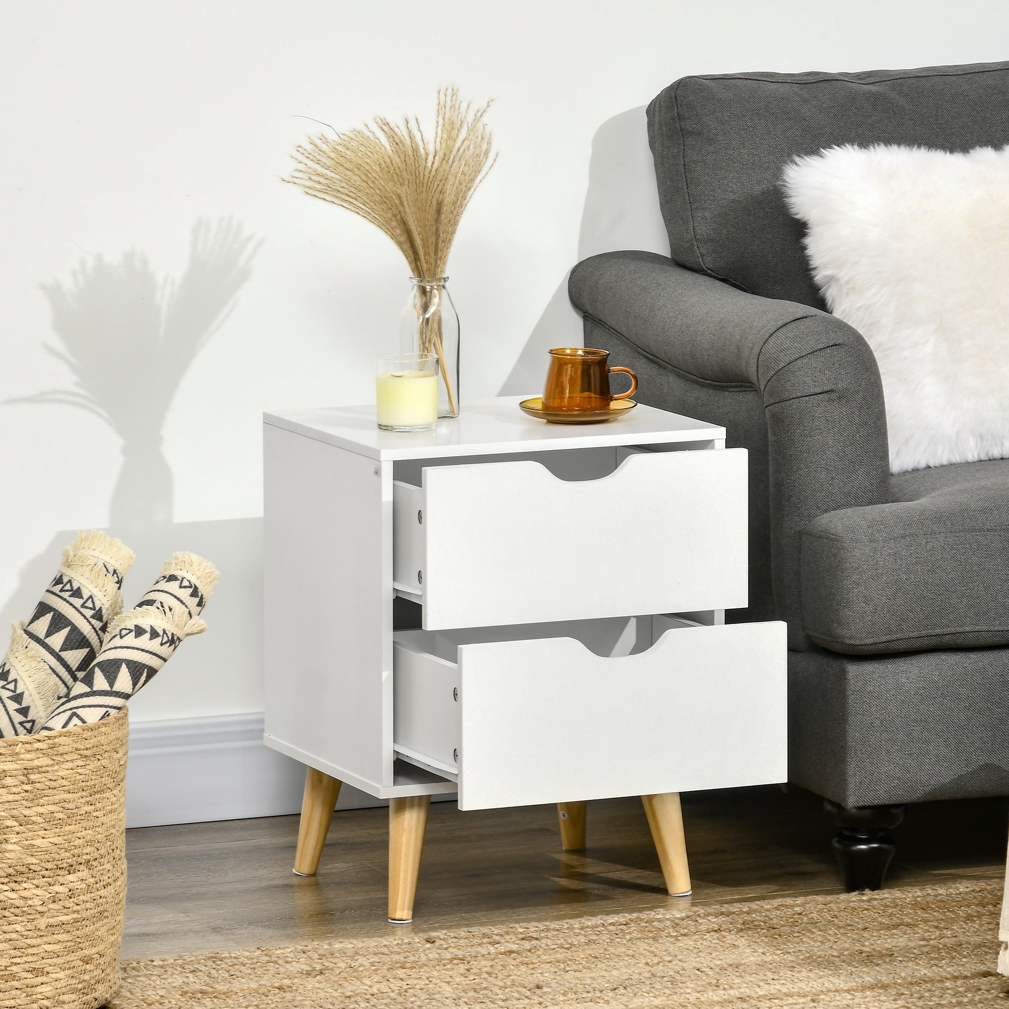 HOMCOM White Nightstand with 2 Drawers and Natural Pine Legs