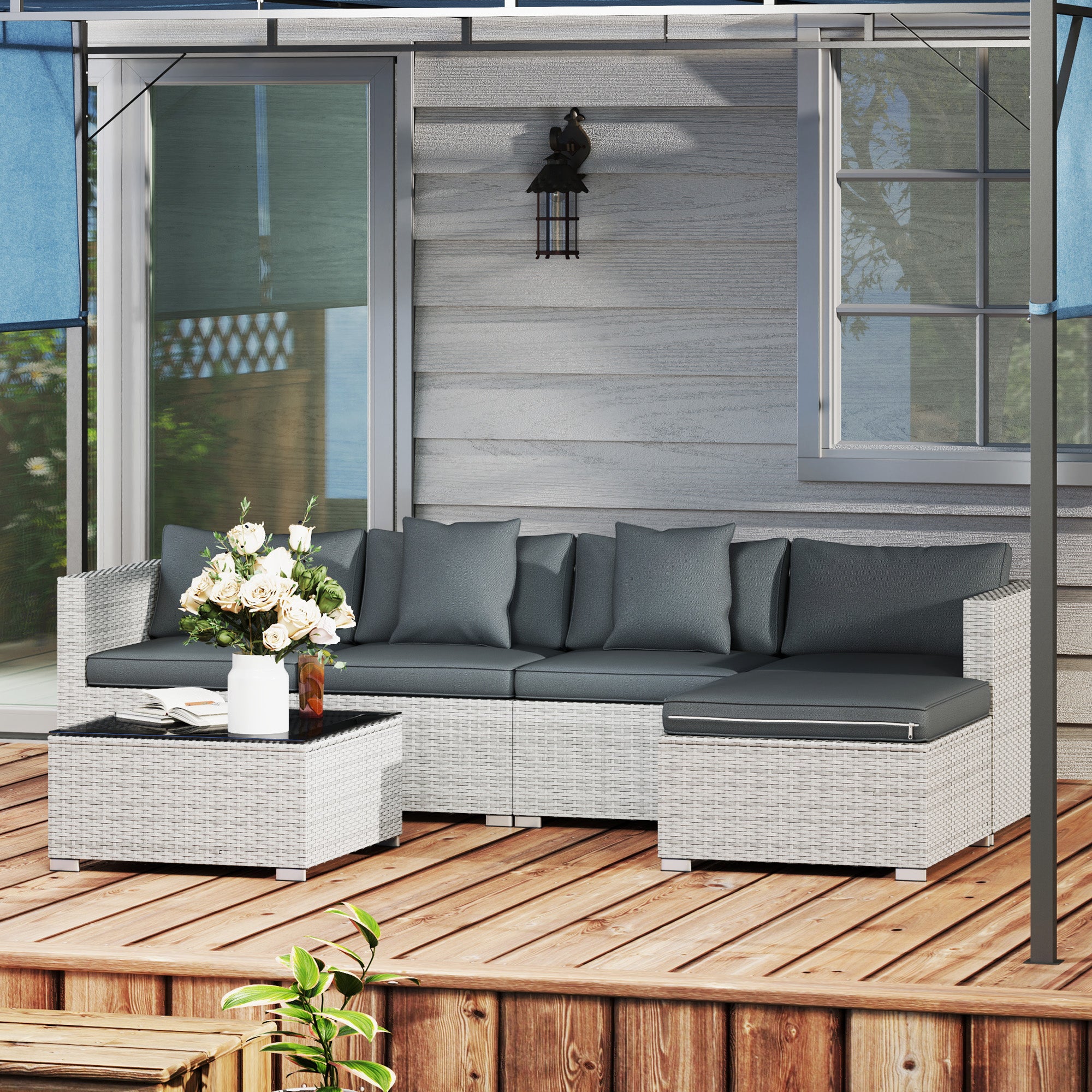 Outsunny 6-Piece Rattan Garden Sofa Set with Table, Mixed Grey
