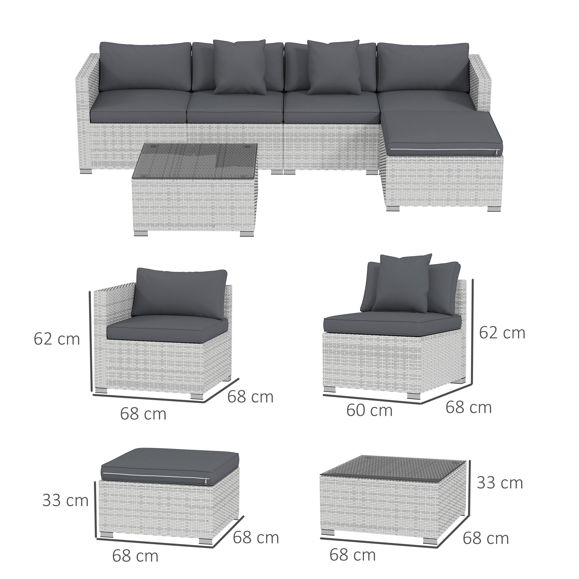 Outsunny 6-Piece Rattan Garden Sofa Set with Table, Mixed Grey