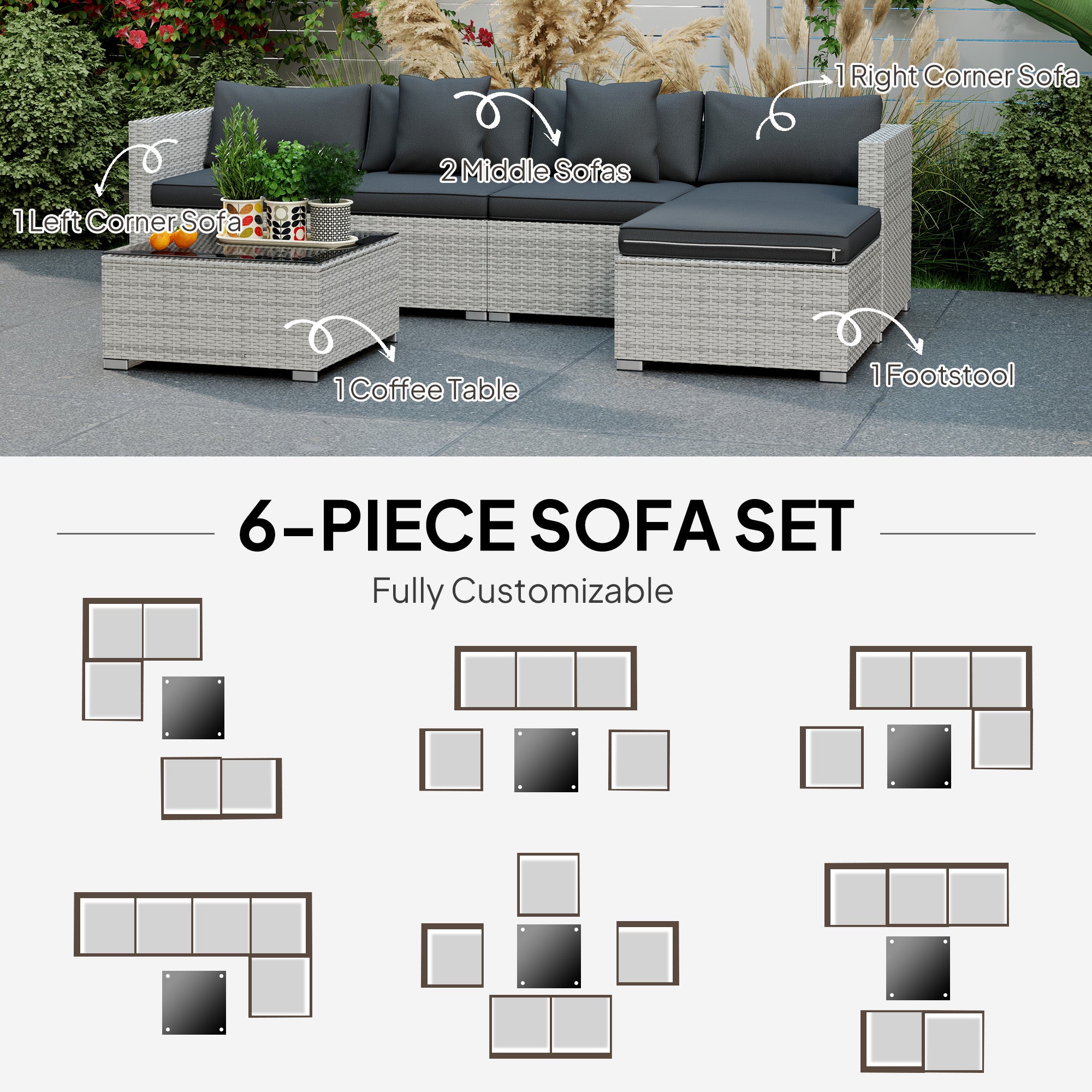 Outsunny 6-Piece Rattan Garden Sofa Set with Table, Mixed Grey