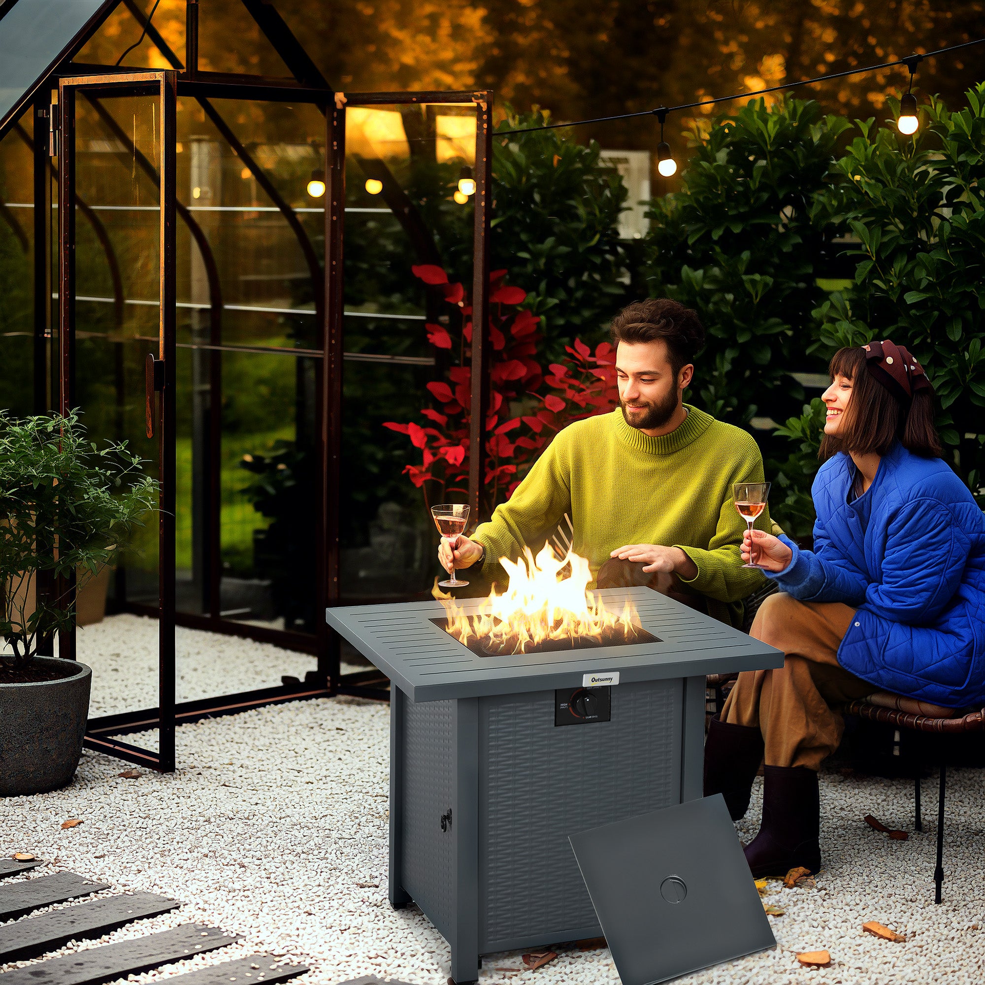 Outsunny 40,000 BTU Gas Fire Pit Table with Lid and Cover, Grey