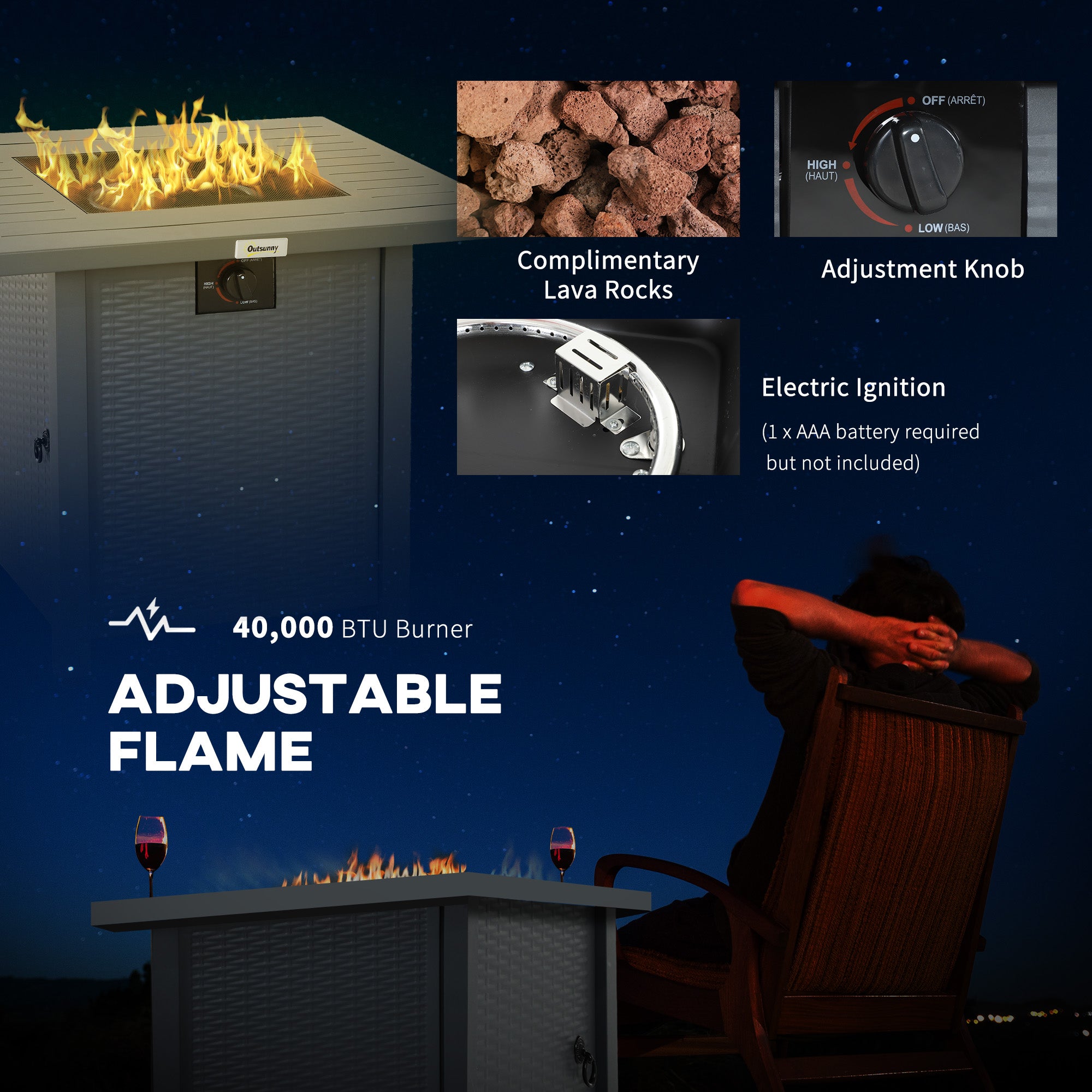 Outsunny 40,000 BTU Gas Fire Pit Table with Lid and Cover, Grey