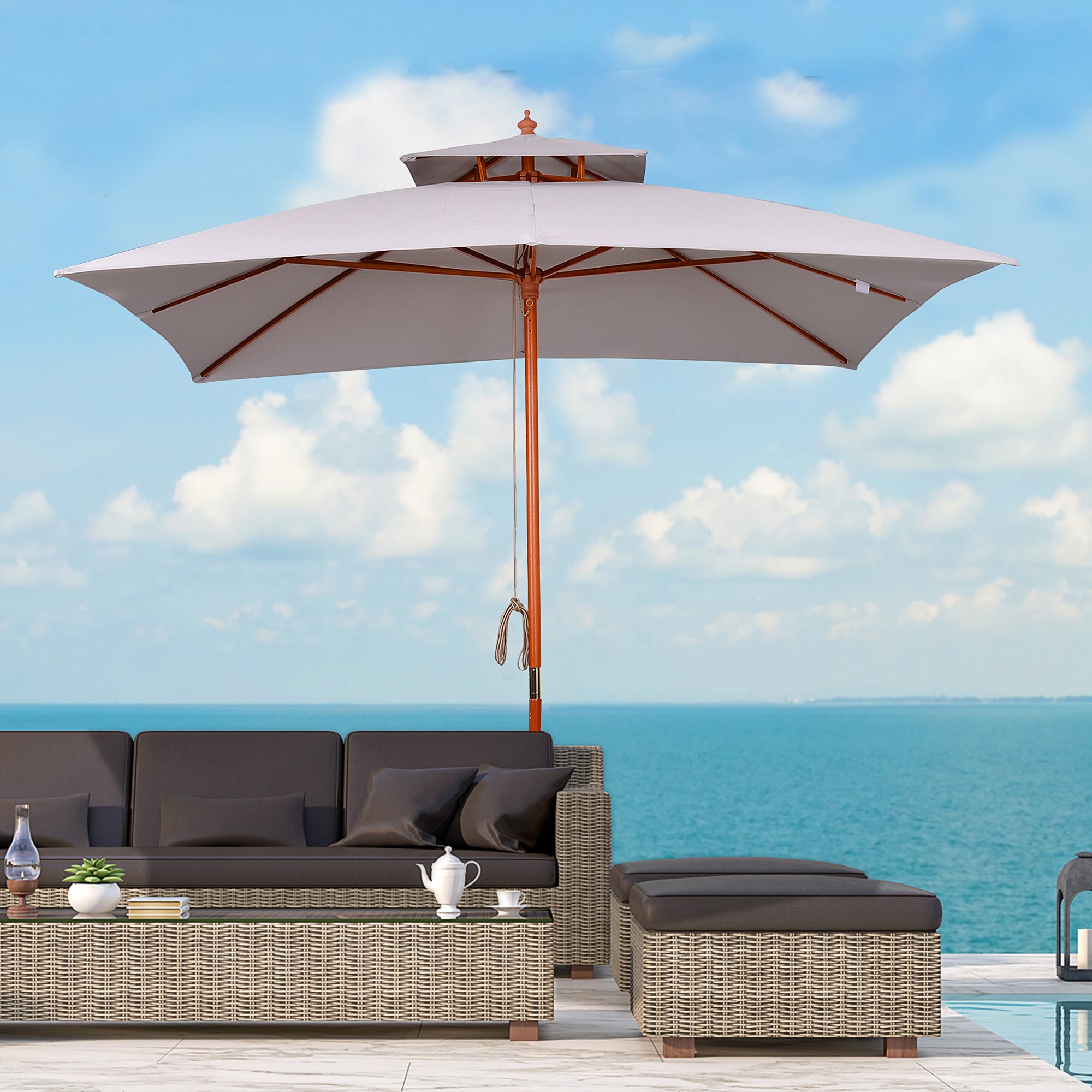 Double-Tier Garden Parasol with Pulley System, Grey