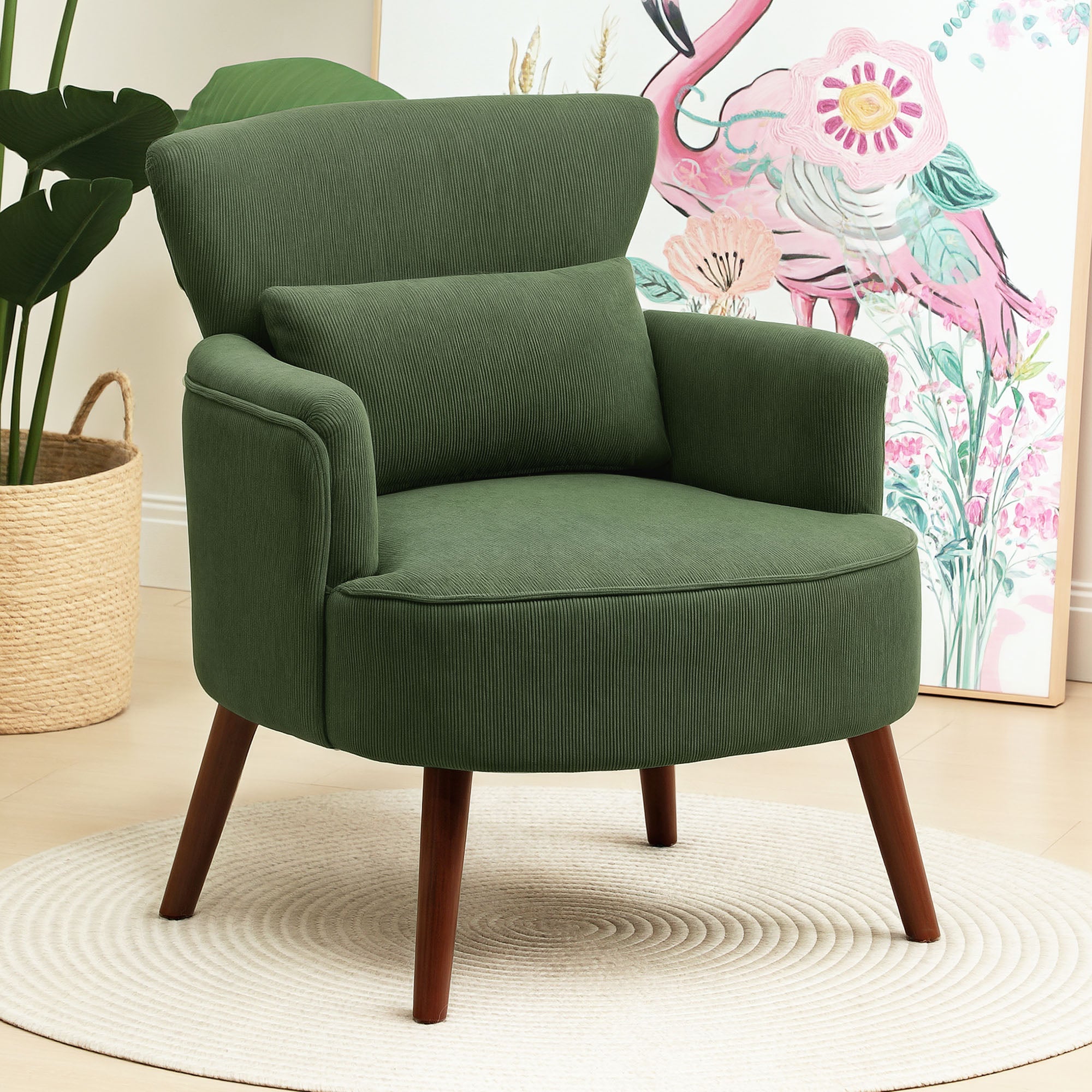 HOMCOM Green Corduroy Wingback Armchair with Pillow