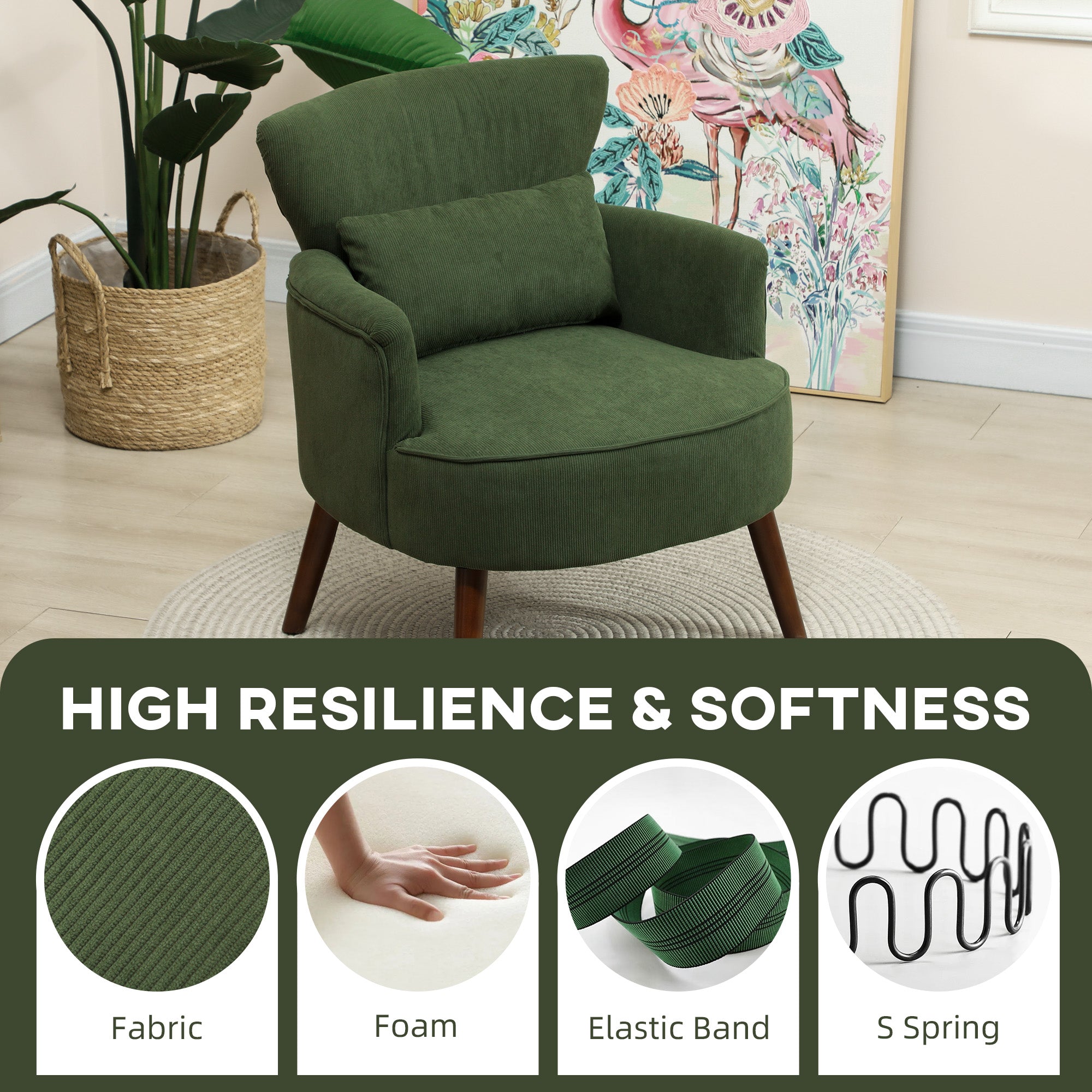 HOMCOM Green Corduroy Wingback Armchair with Pillow
