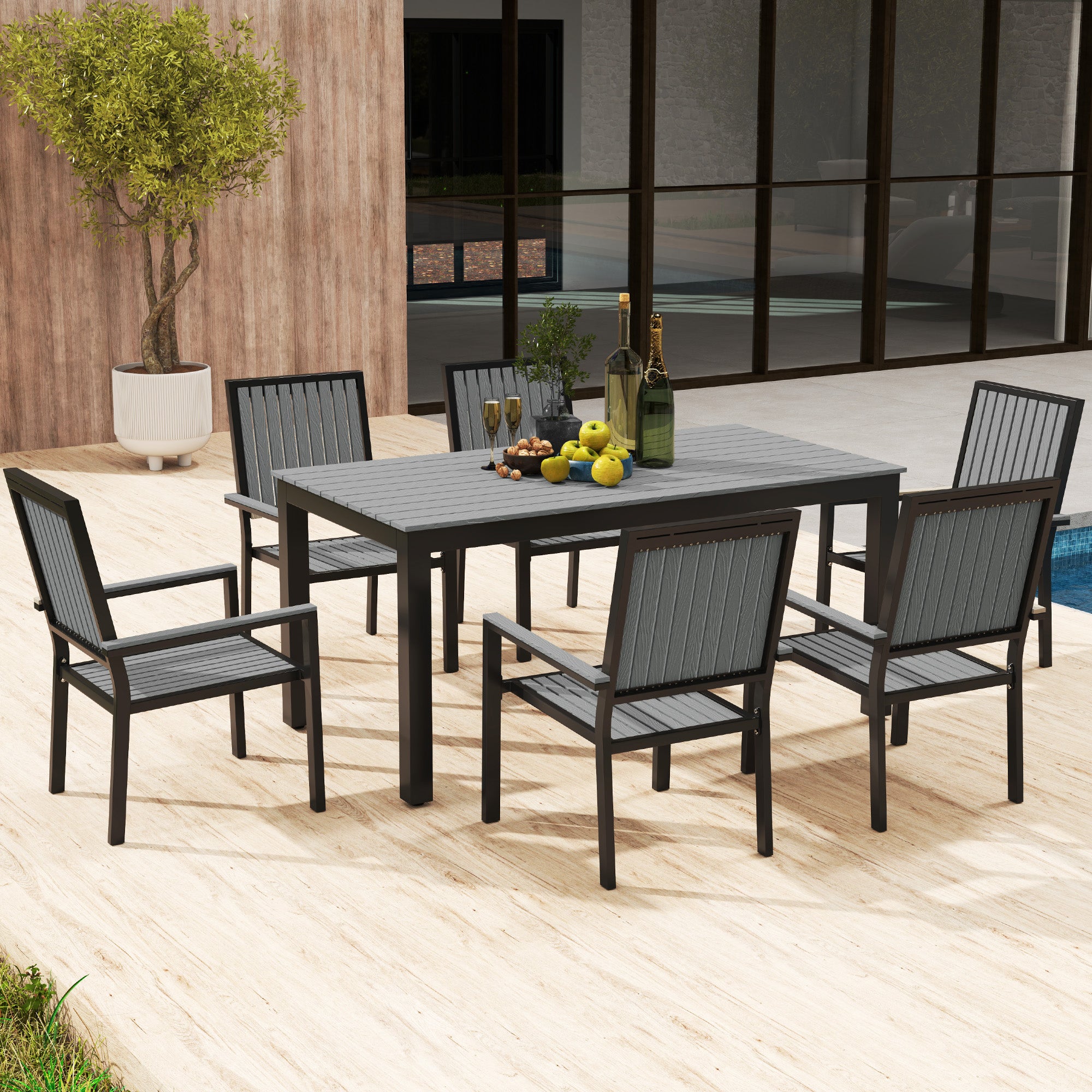 Outsunny 6-Seater Aluminium Garden Dining Set with Stackable Chairs