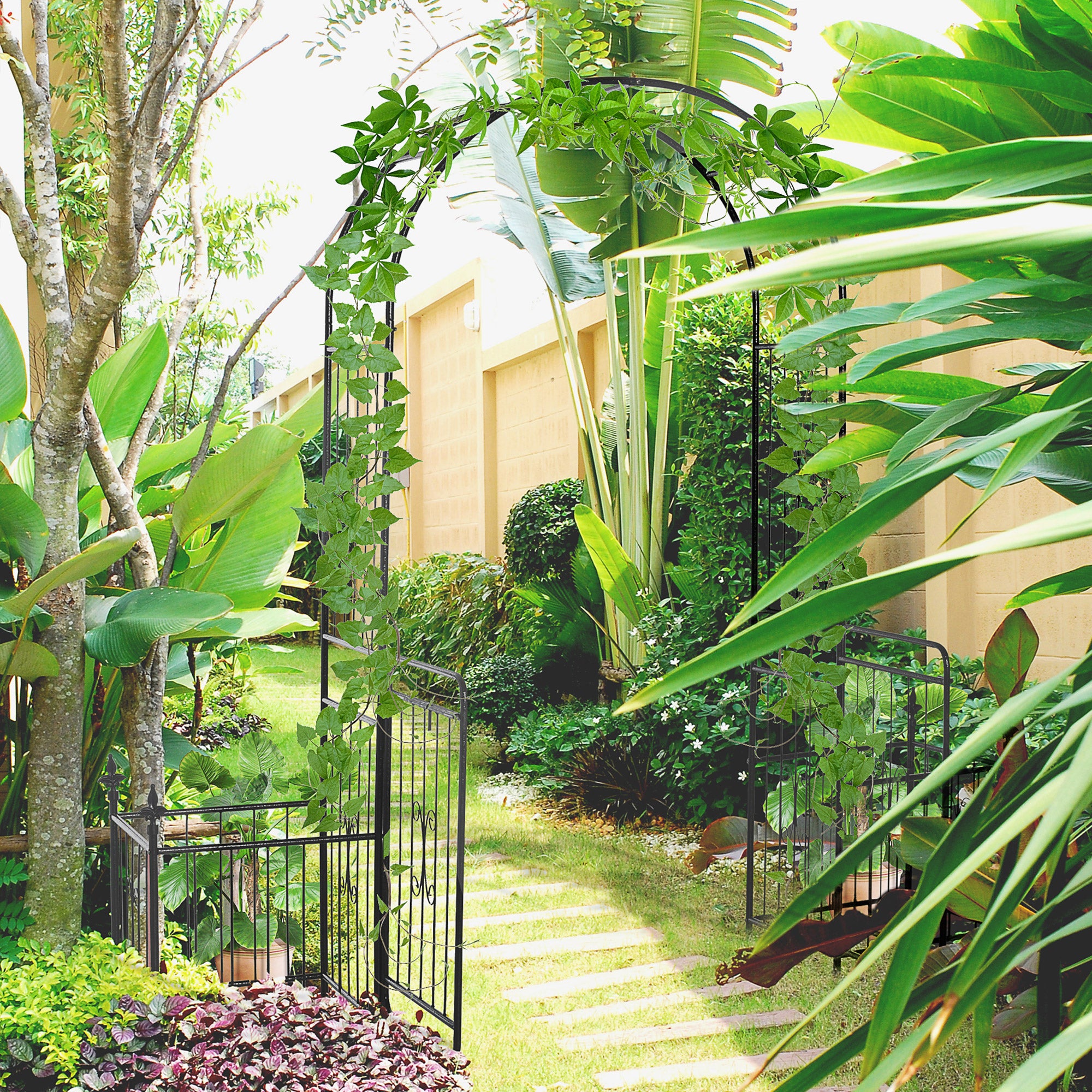 Outsunny Metal Garden Arbor Arch Gate with Side Planter Boxes, Black