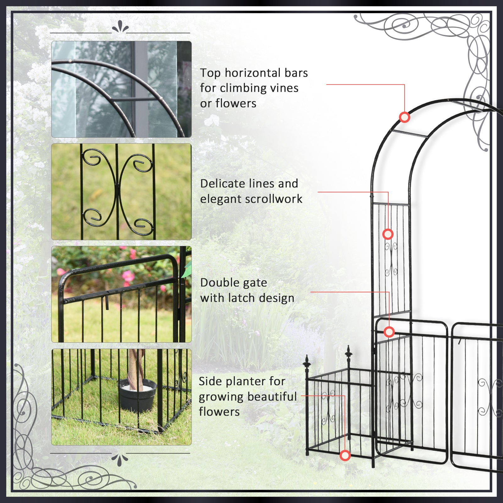 Outsunny Metal Garden Arbor Arch Gate with Side Planter Boxes, Black