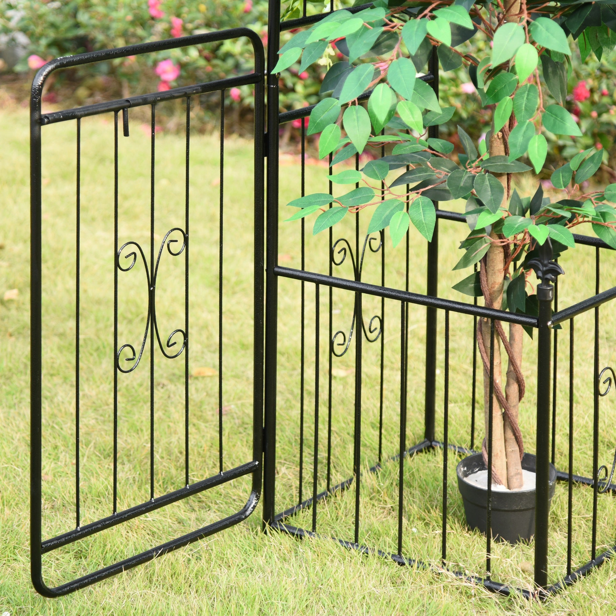 Outsunny Metal Garden Arbor Arch Gate with Side Planter Boxes, Black