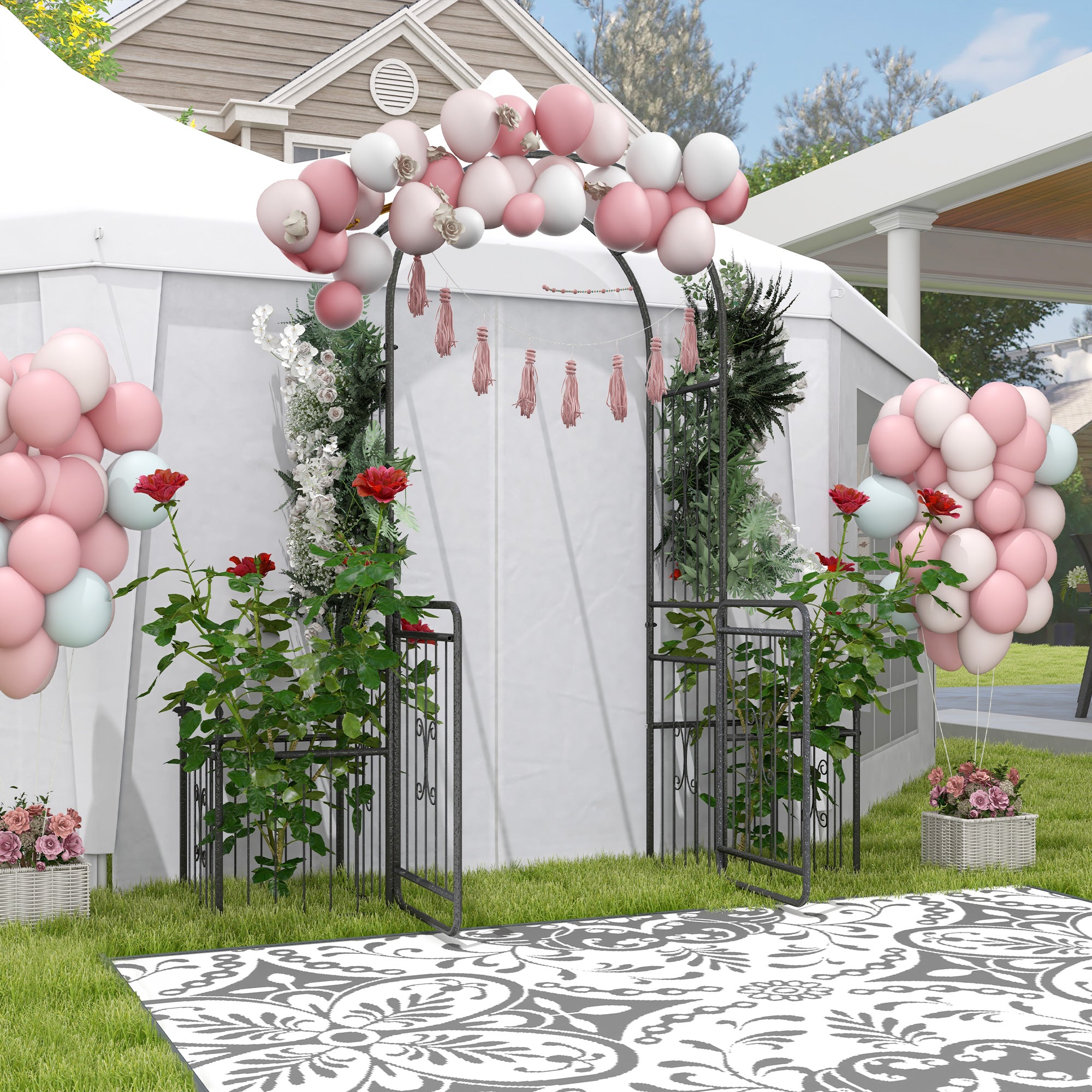 Outsunny Metal Garden Arbor Arch Gate with Side Planter Boxes, Black