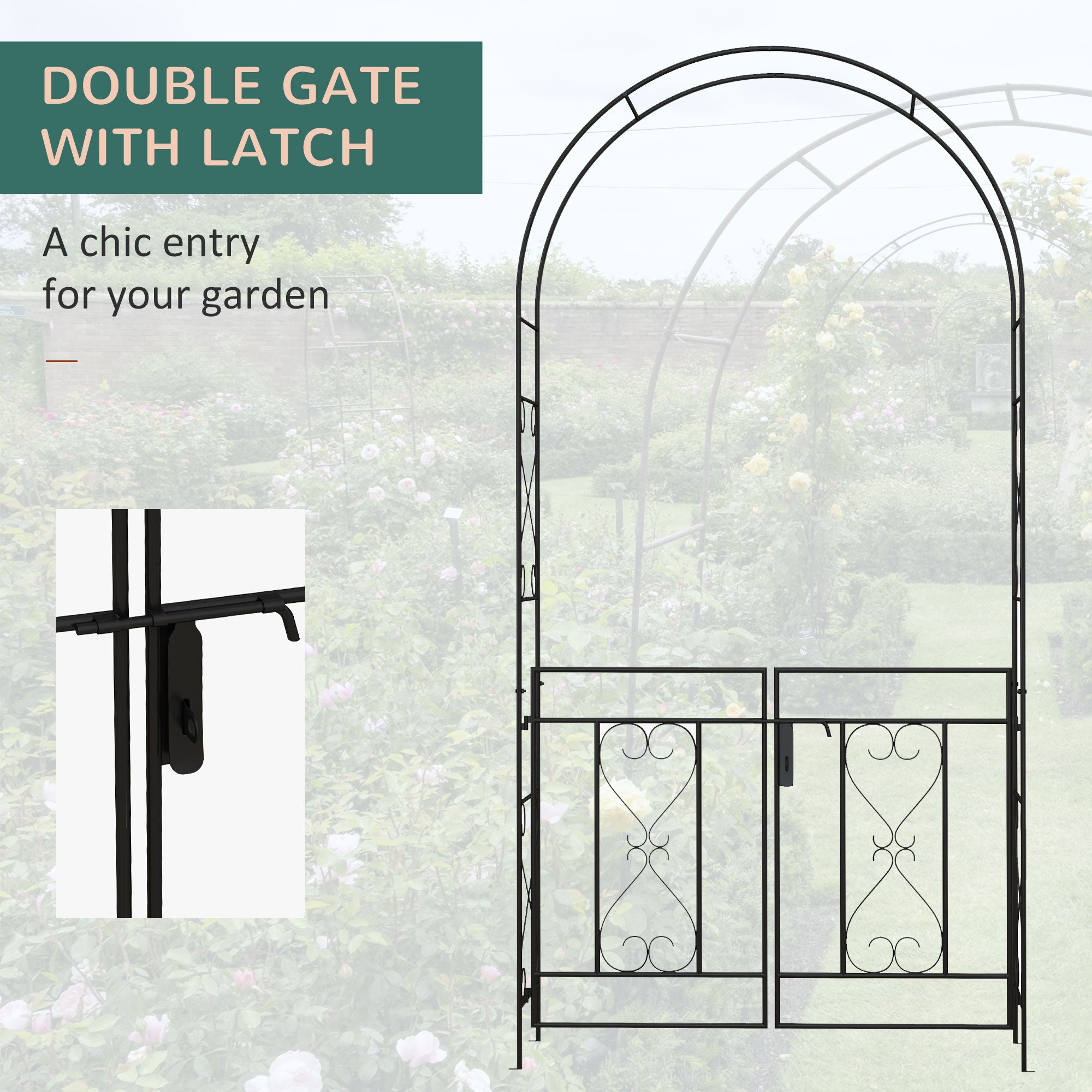 Outsunny Decorative Black Steel Garden Arch with Double Gate