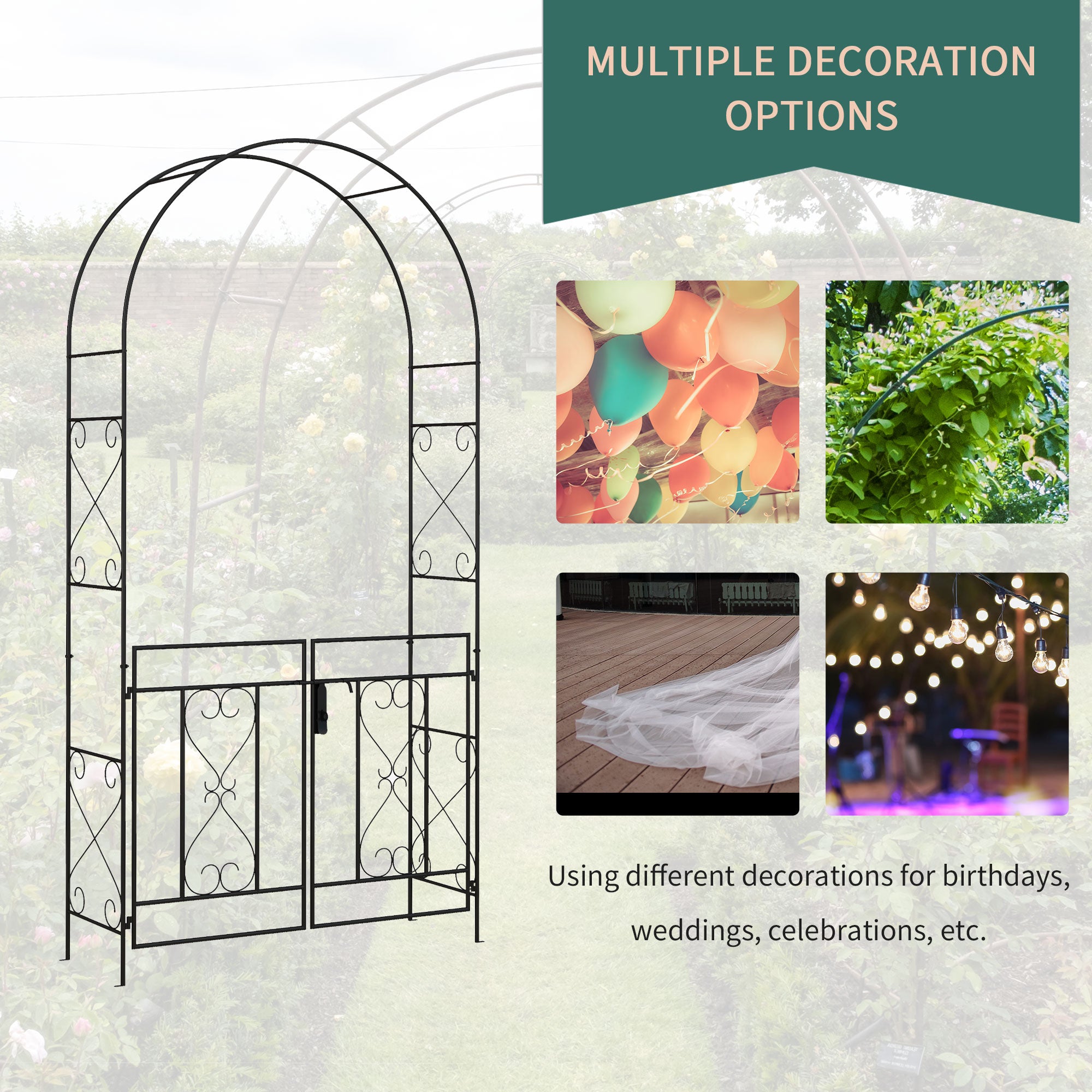 Outsunny Decorative Black Steel Garden Arch with Double Gate