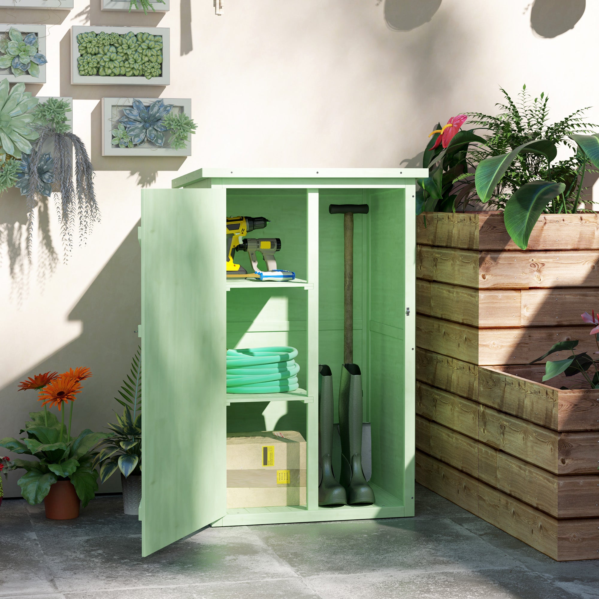 Outsunny Fir Wood Garden Tool Storage Shed with 2 Shelves, Green