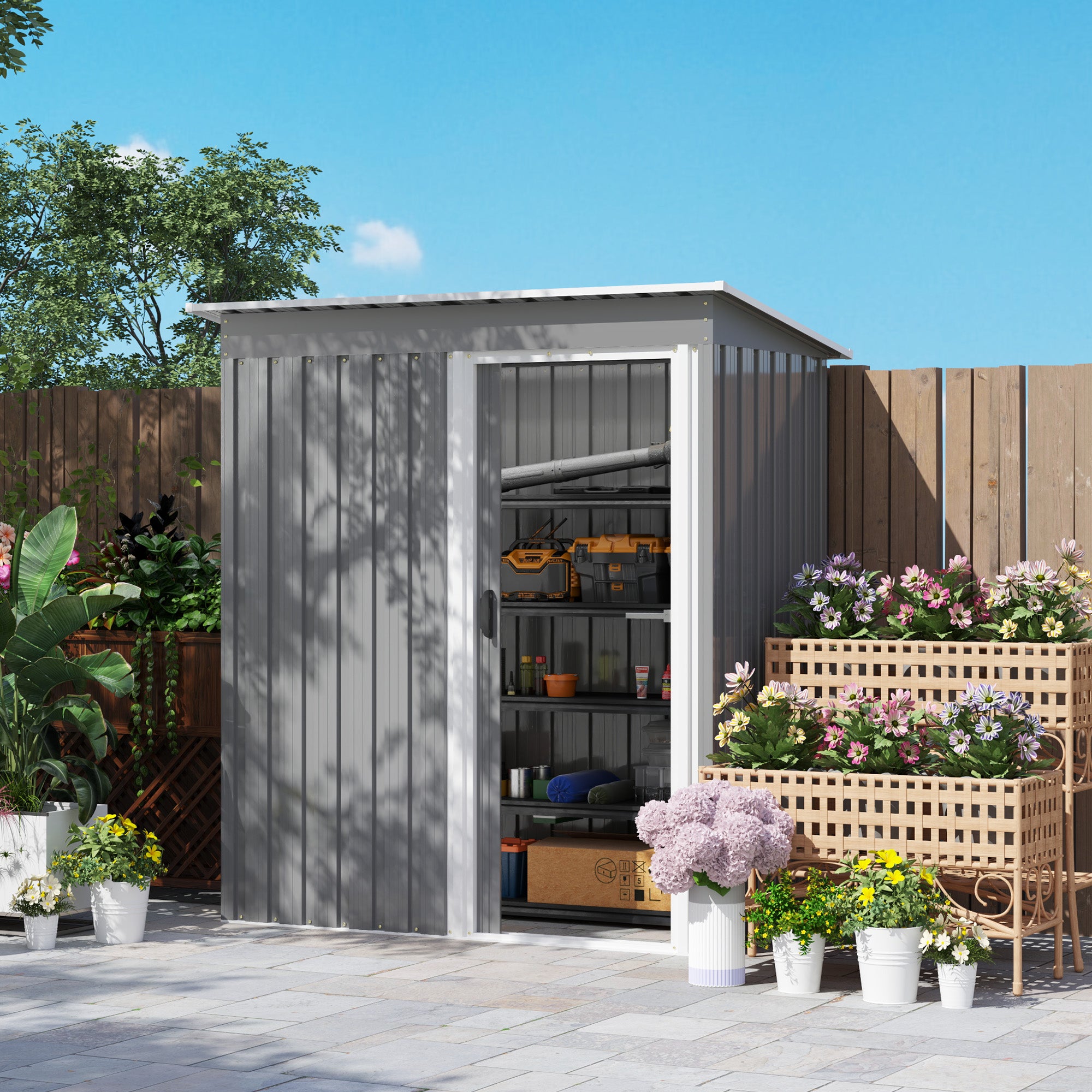 Outsunny 5 x 3ft Garden Storage Shed, Sliding Door, Sloped Roof, Grey