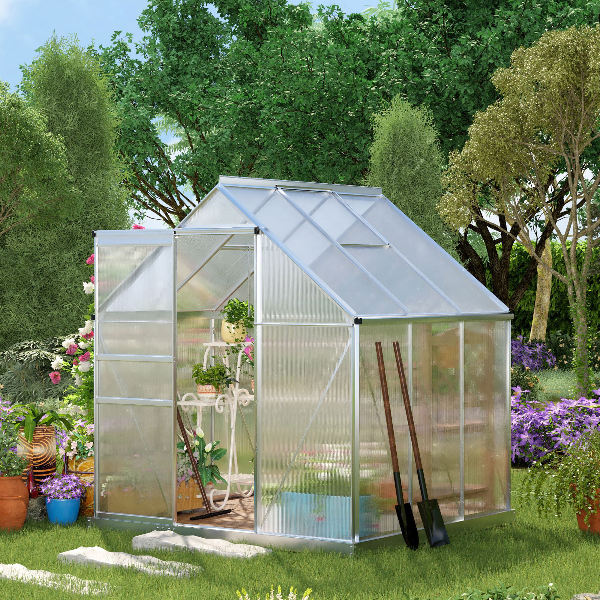 Outsunny Walk-In Polycarbonate Garden Greenhouse with Sliding Door