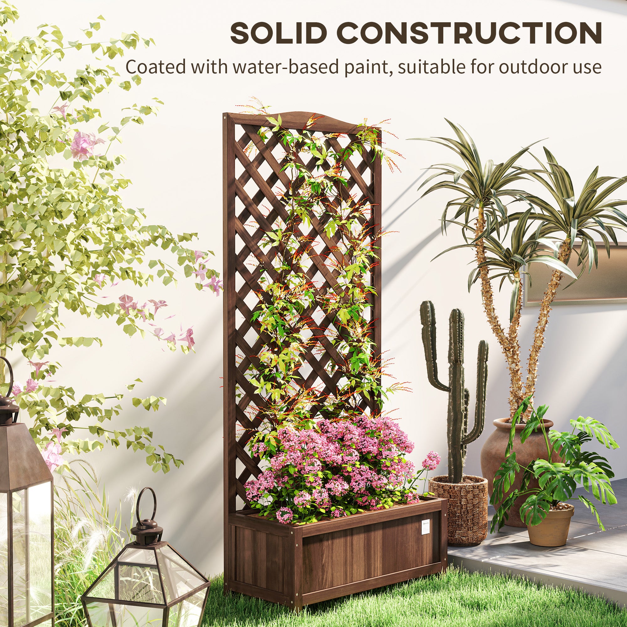 Outsunny Fir Wood Garden Planter Box with Trellis, Dark Brown