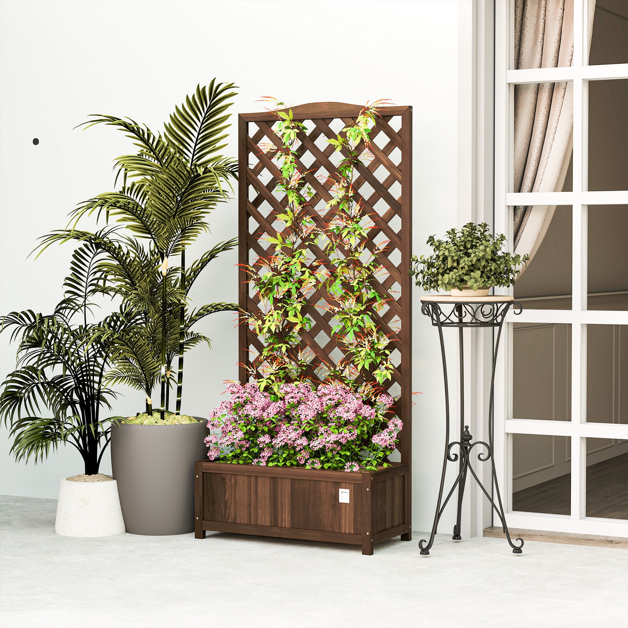 Outsunny Fir Wood Garden Planter Box with Trellis, Dark Brown