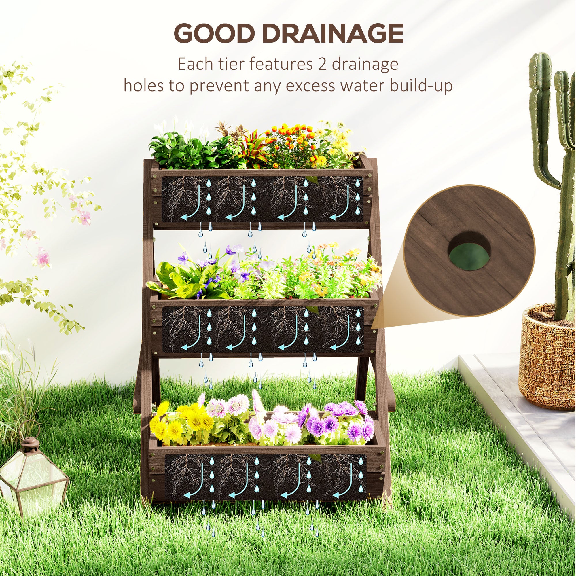 Outsunny 3-Tier Wooden Raised Garden Bed Planter Box, Tan