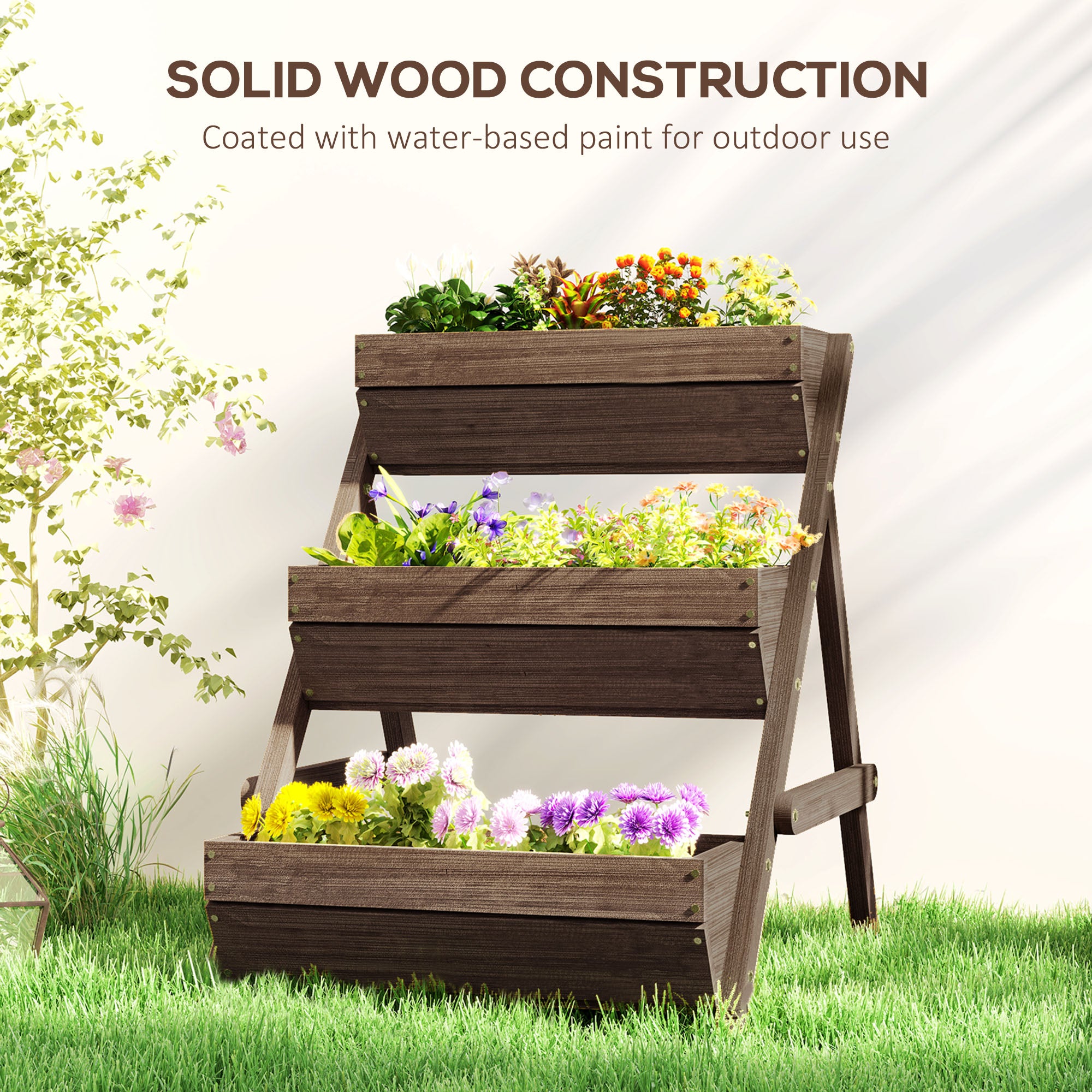 Outsunny 3-Tier Wooden Raised Garden Bed Planter Box, Tan