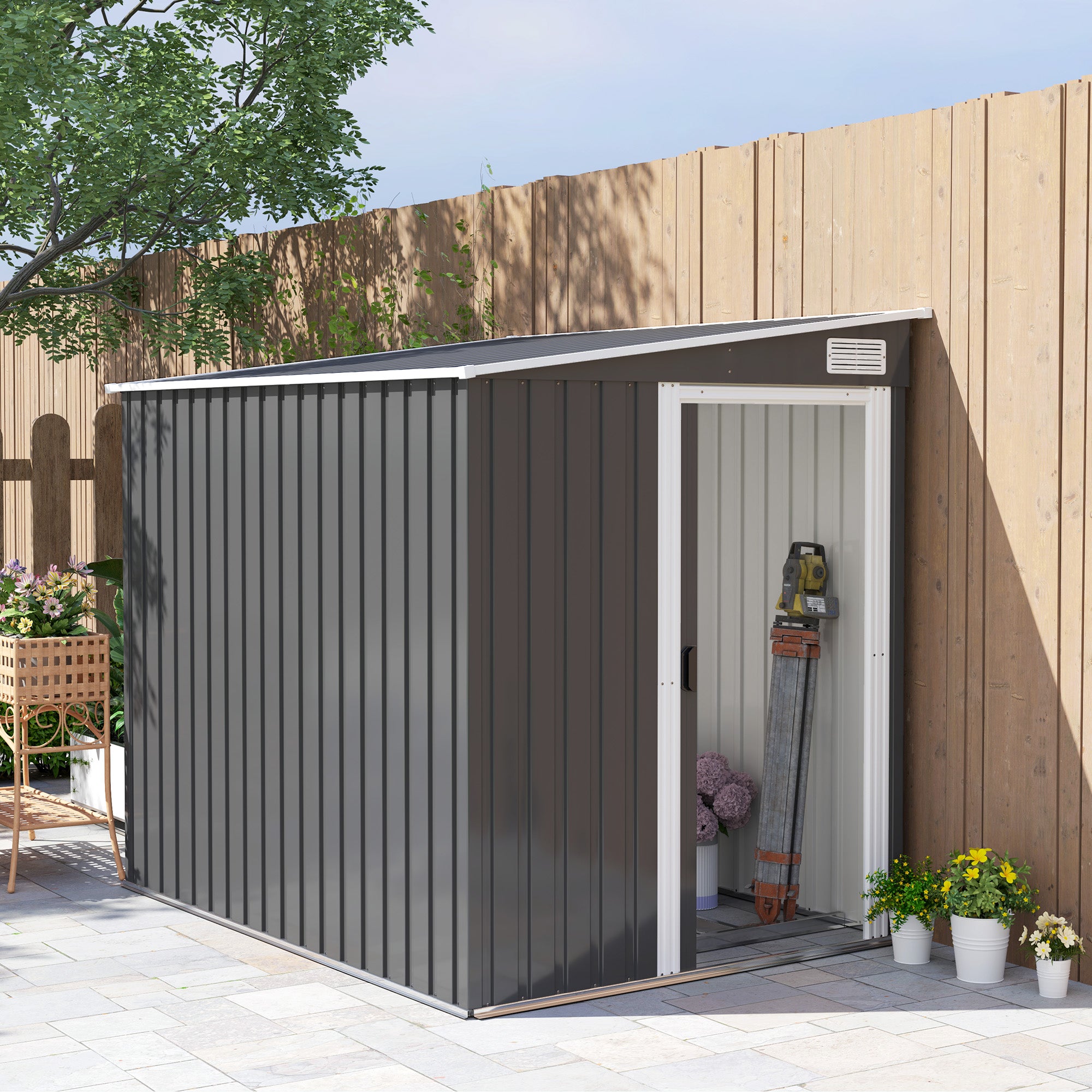 Outsunny 7 x 5ft Lean-To Metal Garden Shed with Foundation, Dark Grey