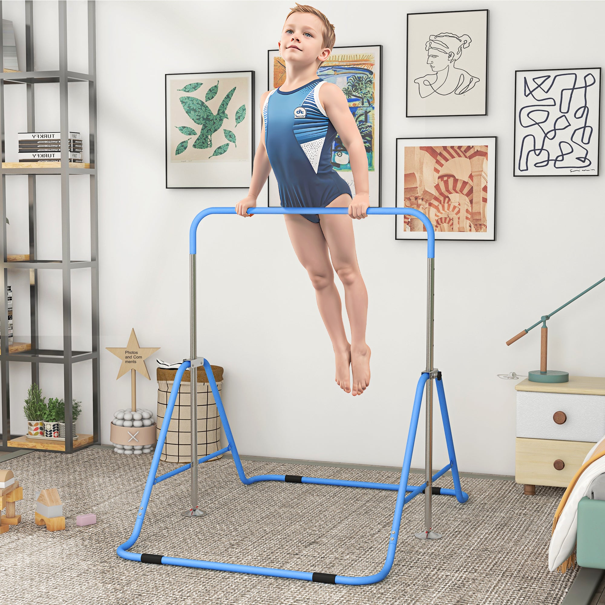 HOMCOM Adjustable Kids Gymnastic Training Bar, Foldable, Blue