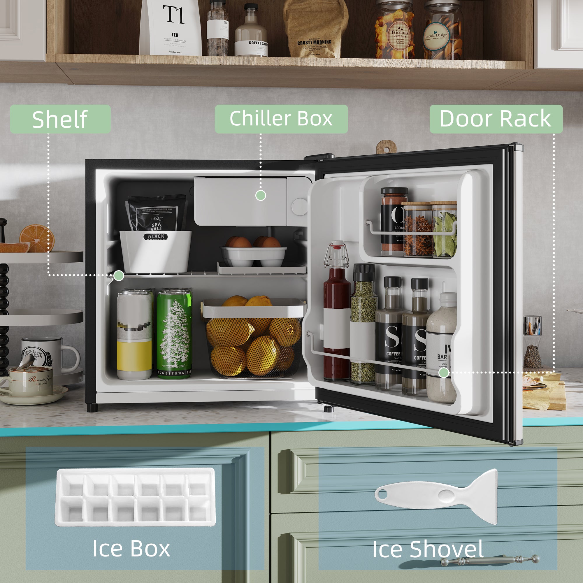 HOMCOM 46L Countertop Mini Fridge with Chiller Box, Silver