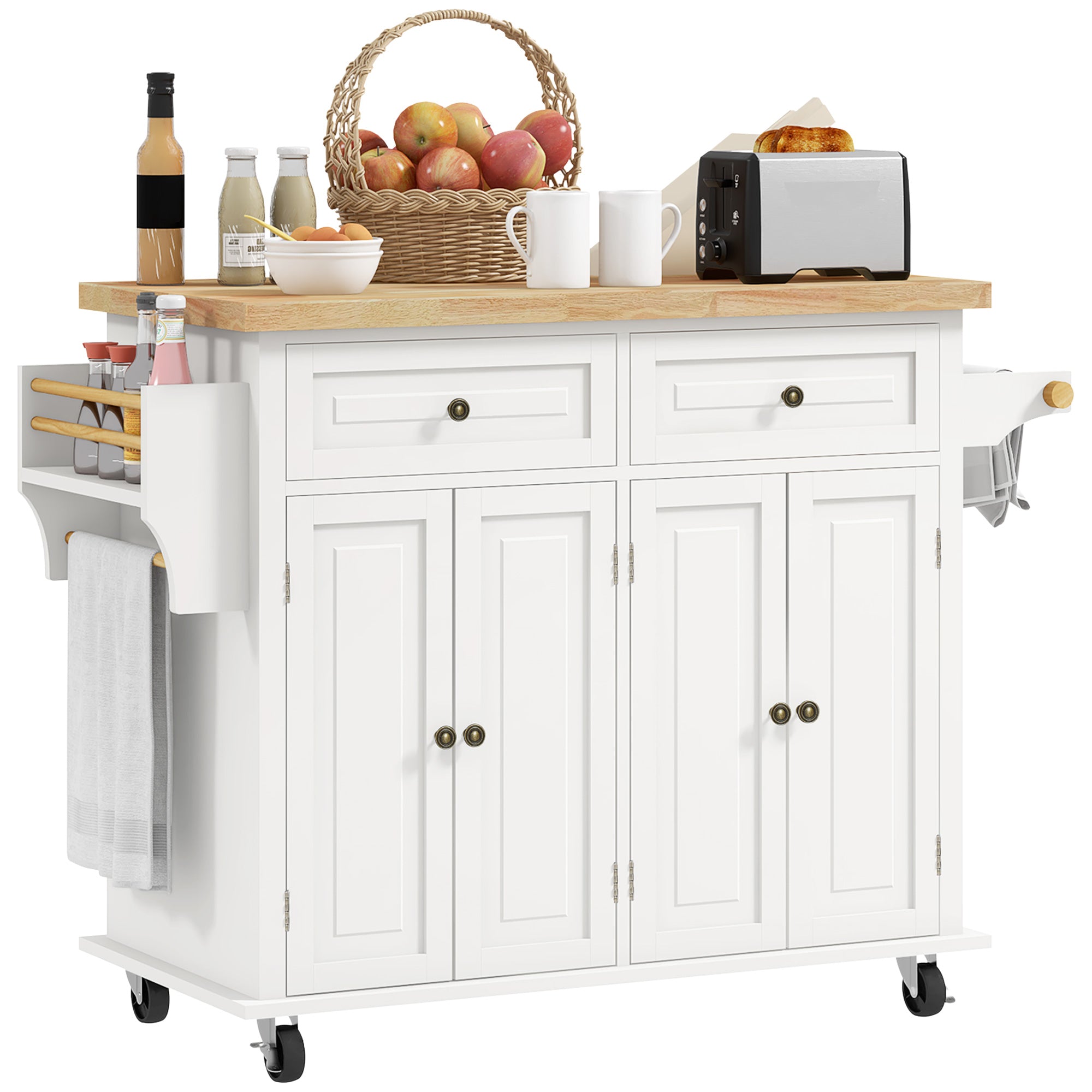 HOMCOM Cream White Rolling Kitchen Island Cart with Rubberwood Top