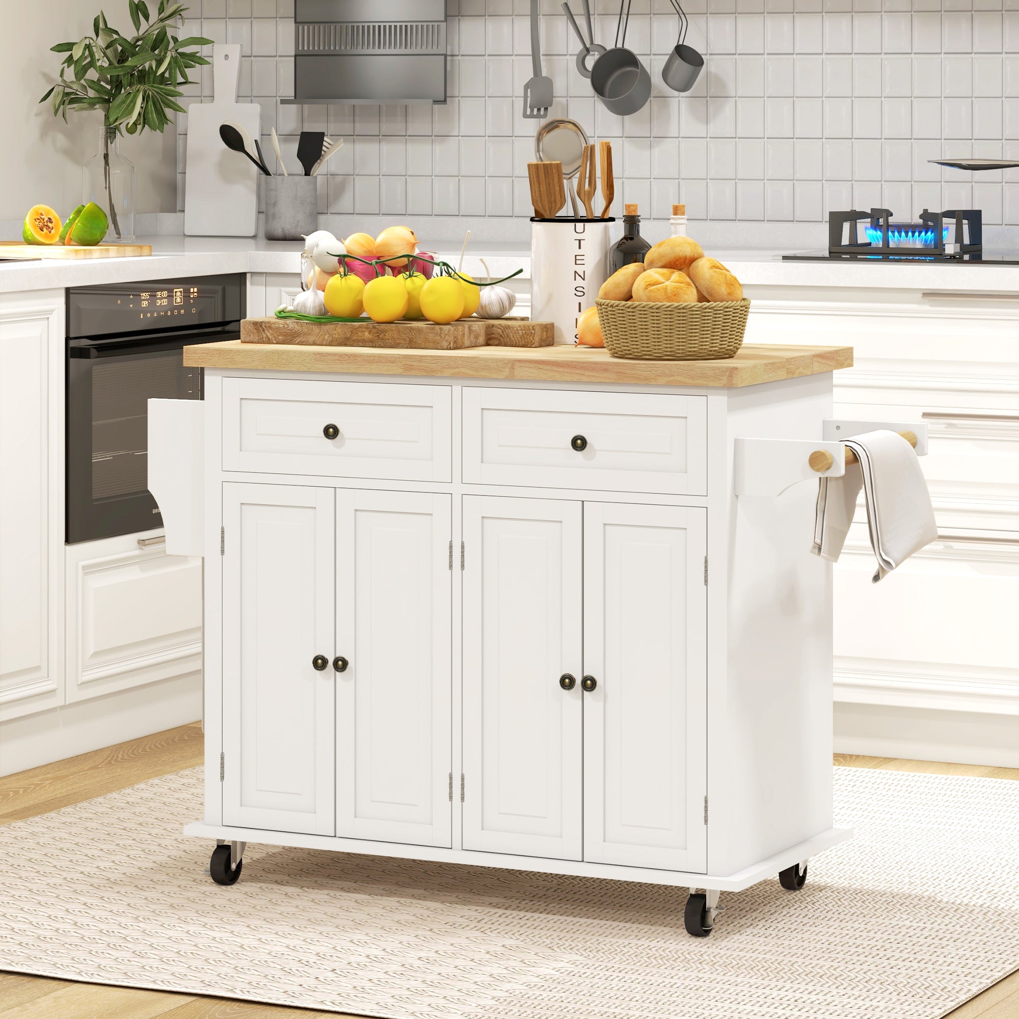 HOMCOM Cream White Rolling Kitchen Island Cart with Rubberwood Top