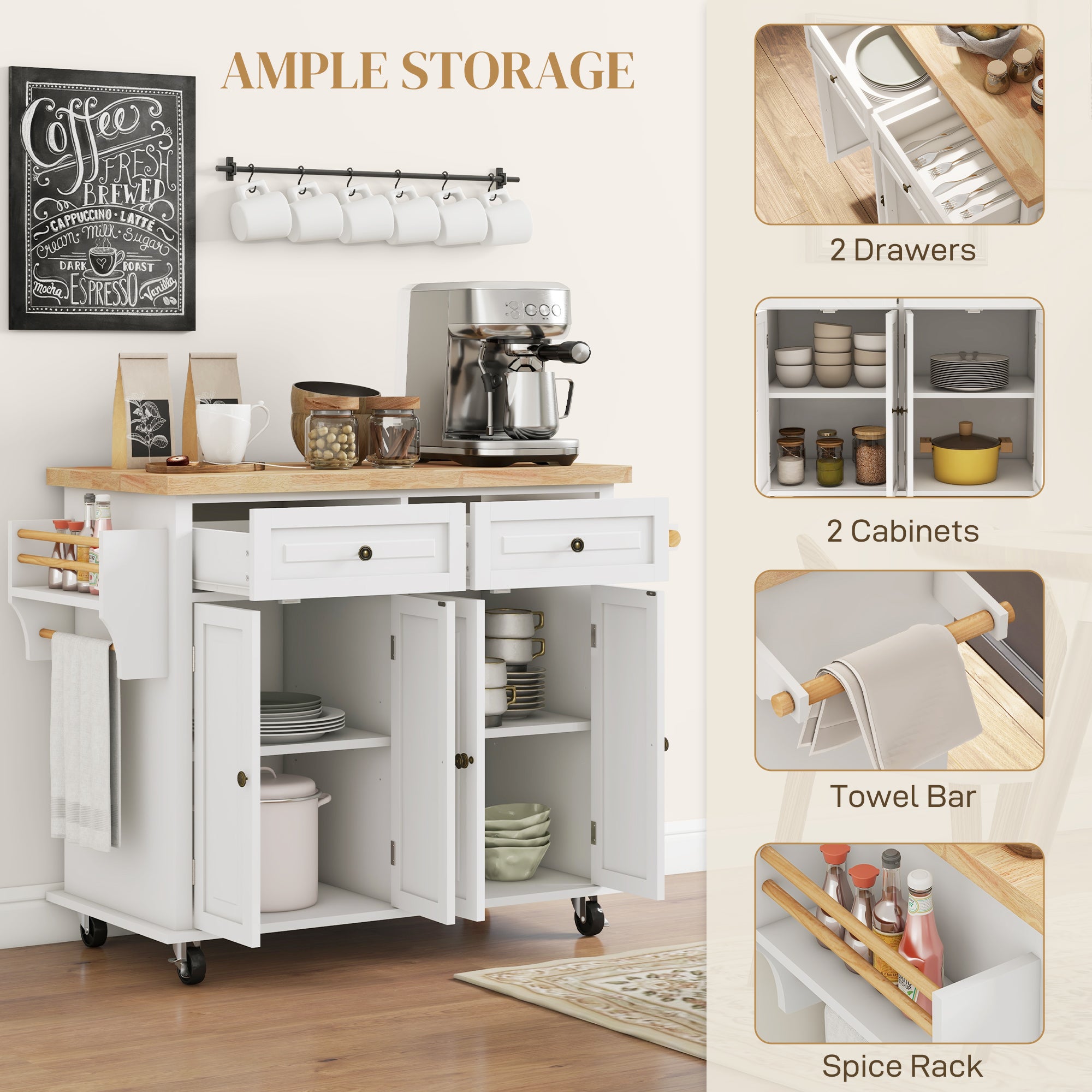 HOMCOM Cream White Rolling Kitchen Island Cart with Rubberwood Top
