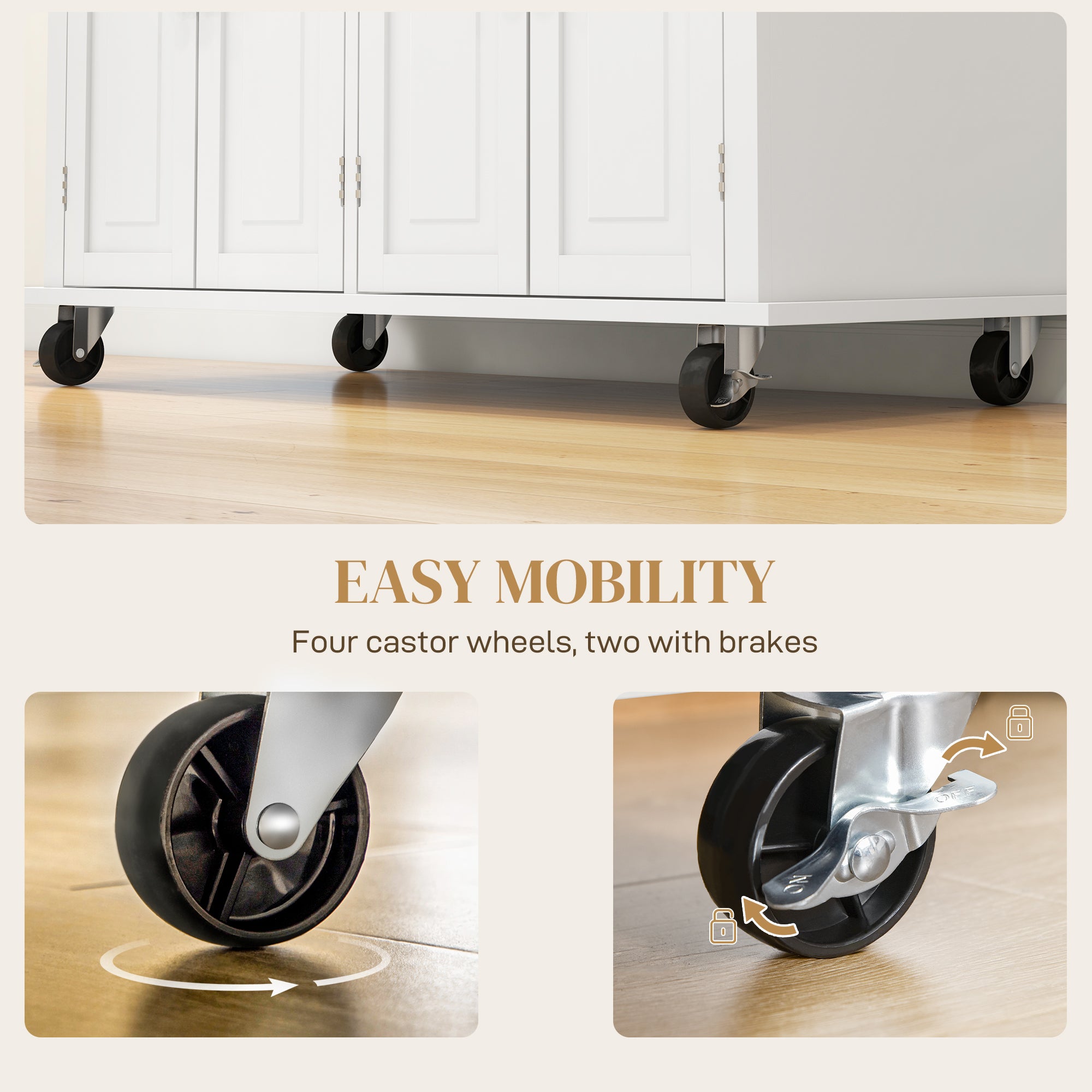 HOMCOM Cream White Rolling Kitchen Island Cart with Rubberwood Top
